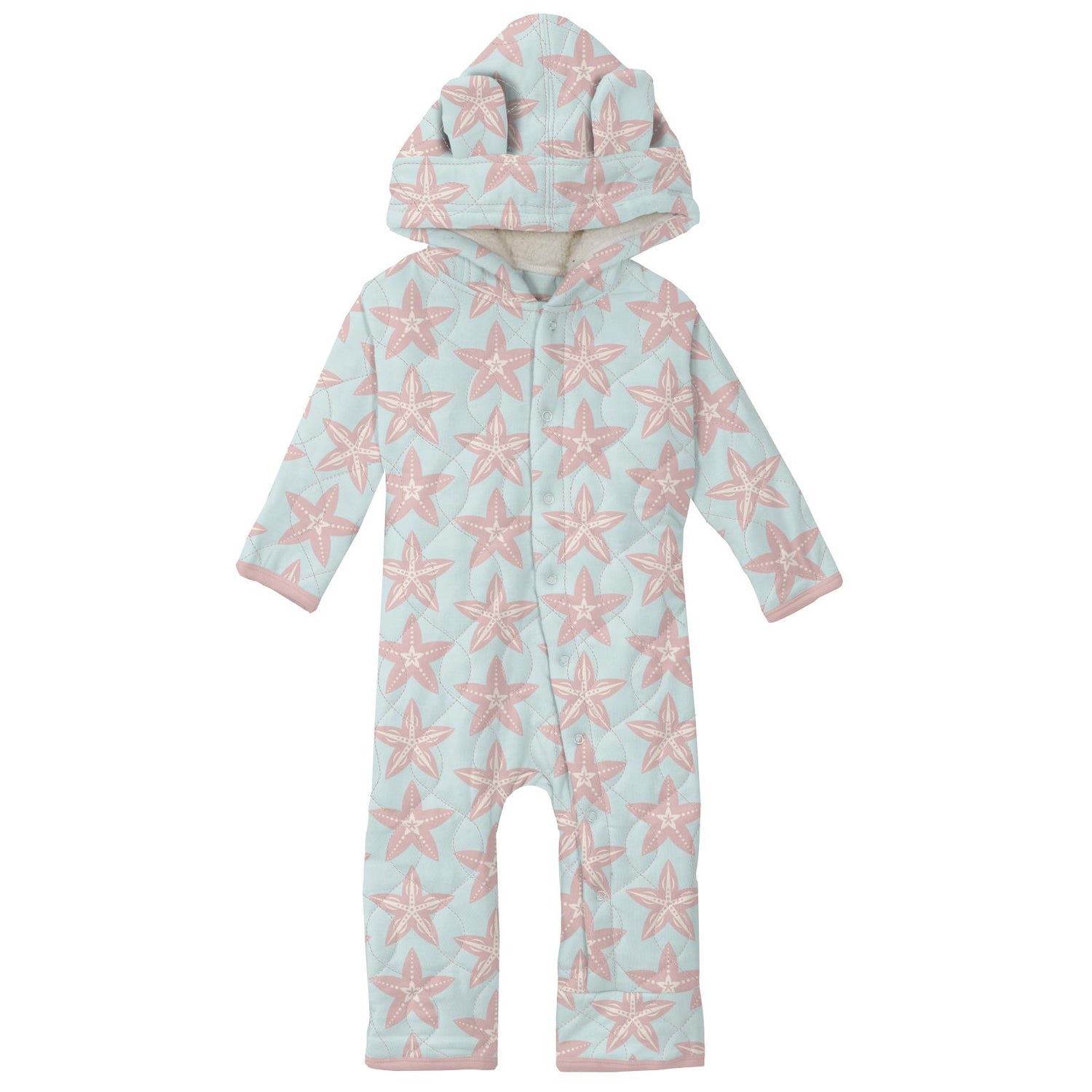 Print Quilted Hoodie Coverall with Sherpa-Lined Hood in Fresh Air Fancy Starfish/Baby Rose Porthole