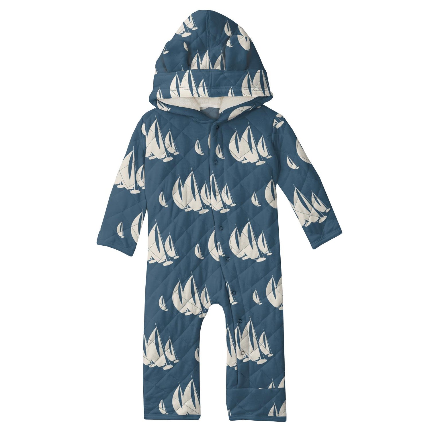 Print Quilted Hoodie Coverall with Sherpa-Lined Hood in Deep Sea Sailboat Race/Nautical Stripe