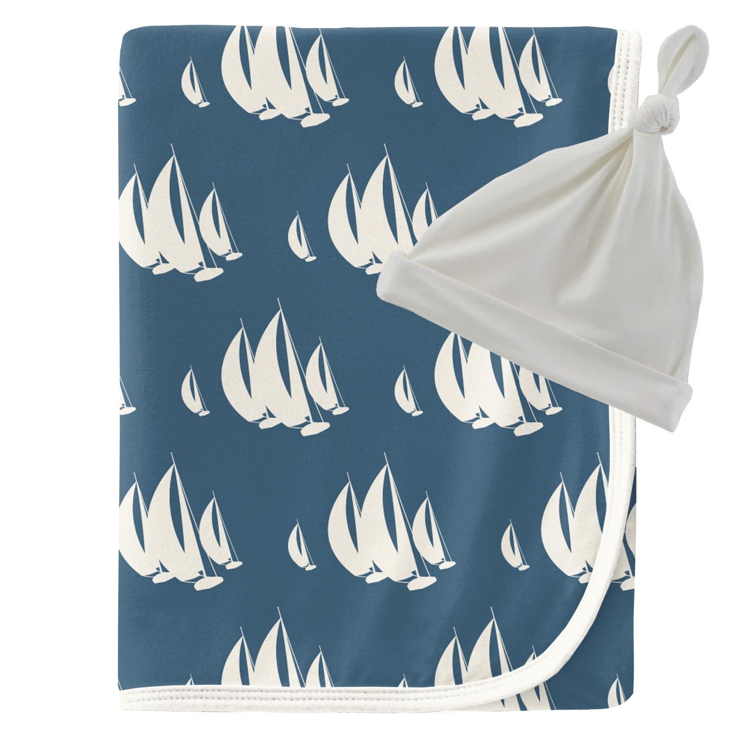 Print Swaddling Blanket and Knot Hat Set in Deep Sea Sailboat Race and Natural Knot Hat