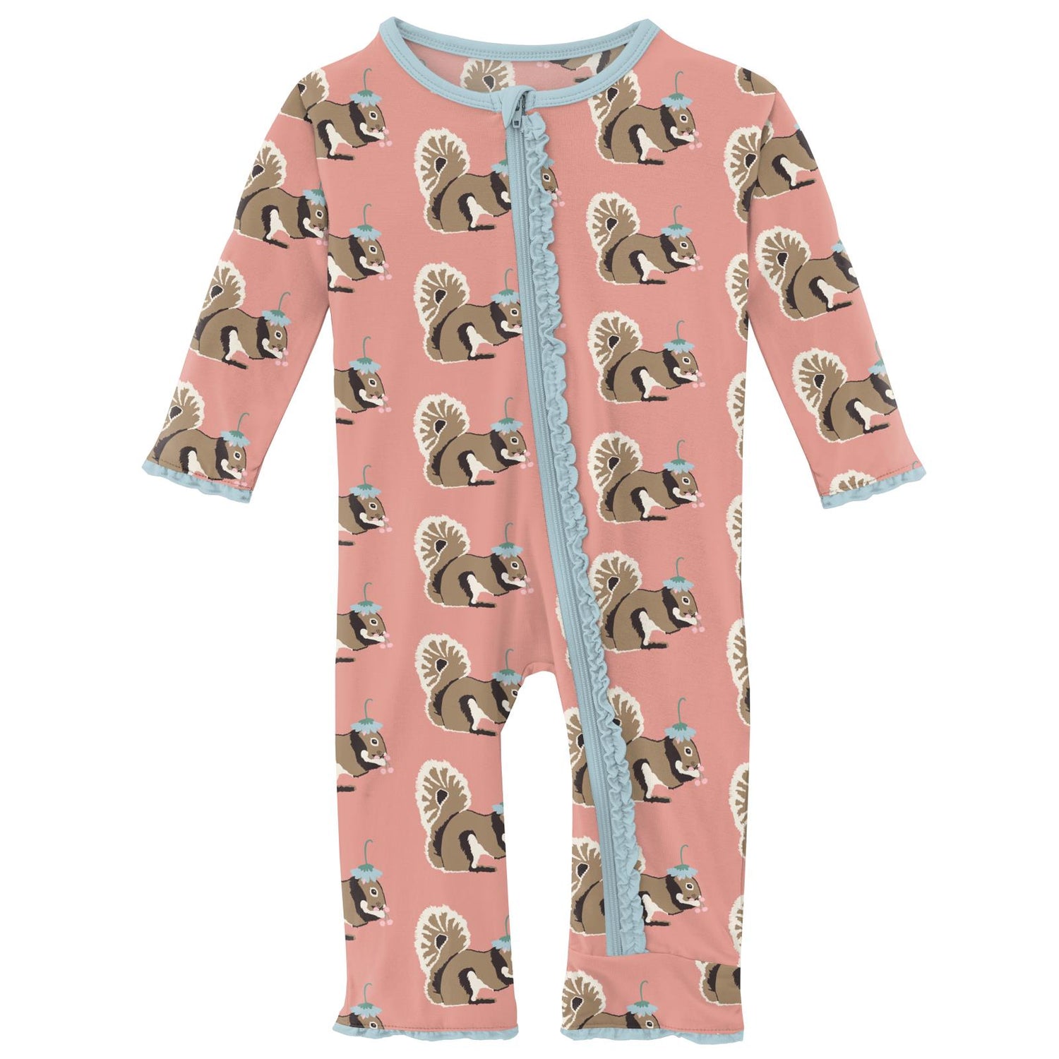 Print Muffin Ruffle Coverall with Zipper in Blush Squirrel with Flower Hat