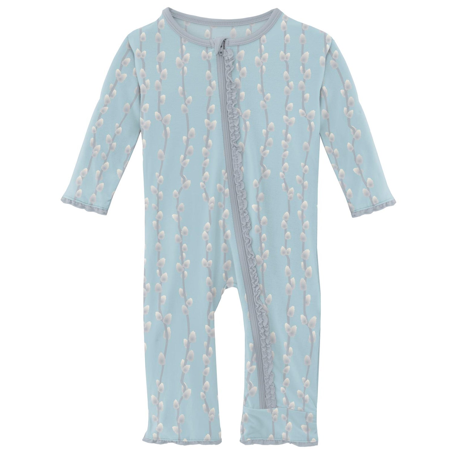 Print Muffin Ruffle Coverall with Zipper in Spring Sky Pussy Willows