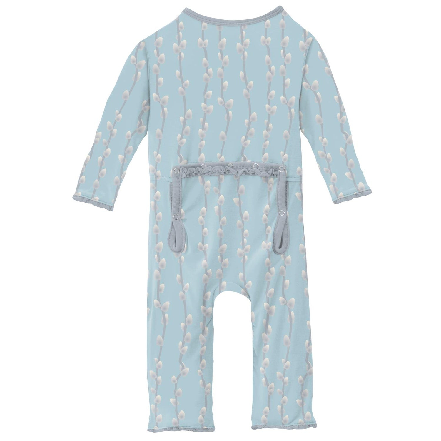 Print Muffin Ruffle Coverall with Zipper in Spring Sky Pussy Willows