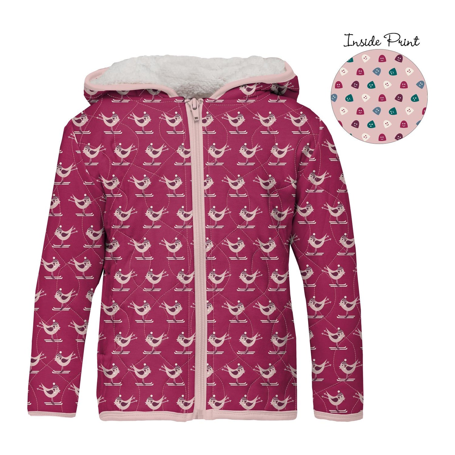 Print Quilted Jacket with Sherpa-Lined Hood in Berry Ski Bird/Baby Rose Happy Gumdrops