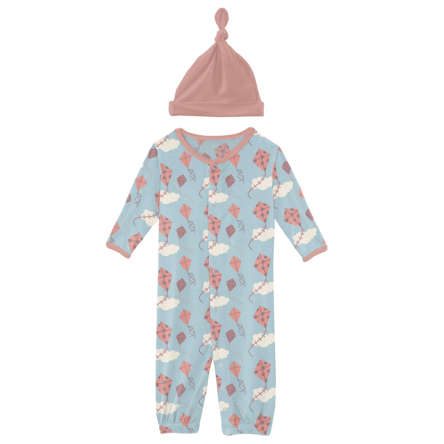 Print Layette Gown Converter & Single Knot Hat Set in Spring Day Kites