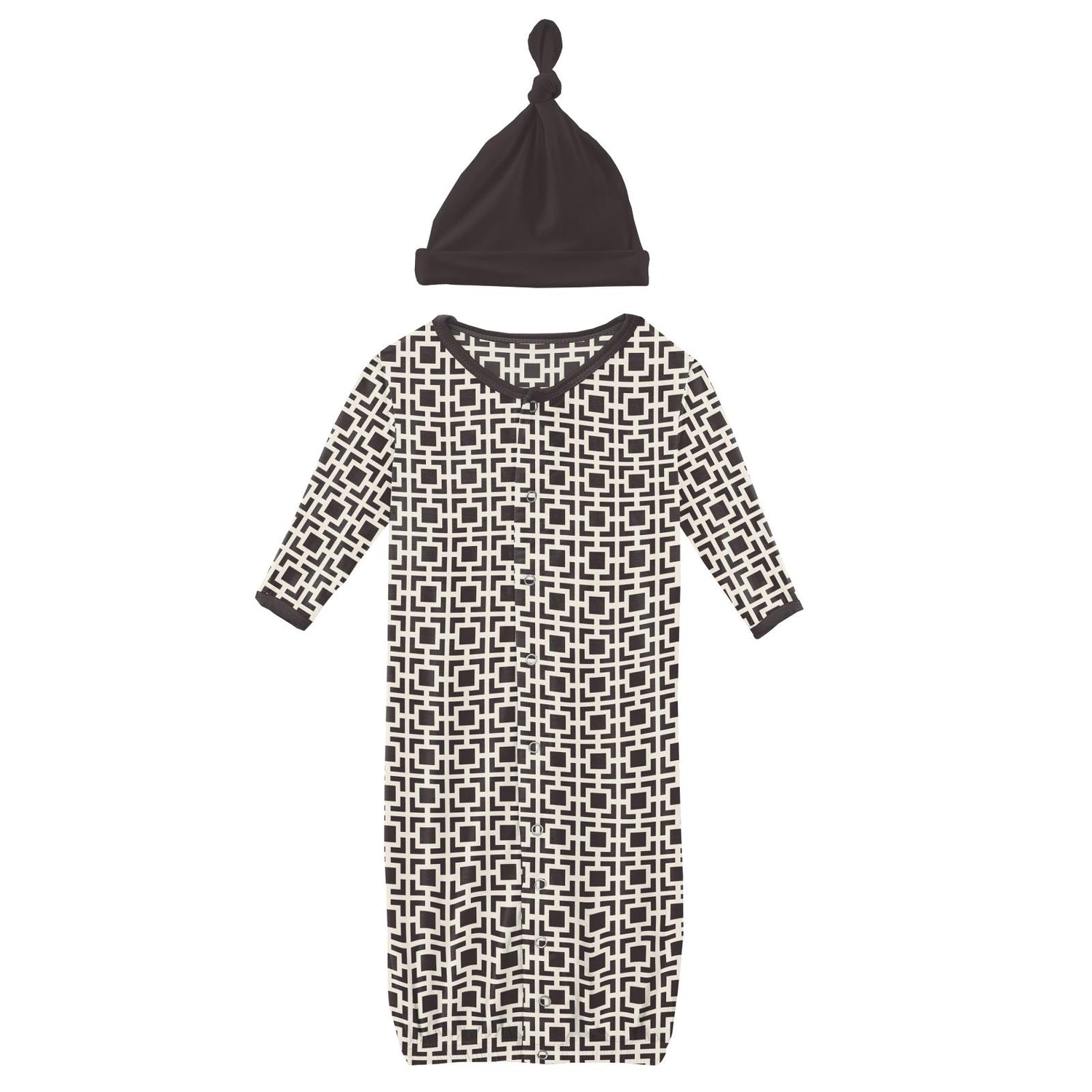 Print Layette Gown Converter & Single Knot Hat Set in Midnight Box Lattice