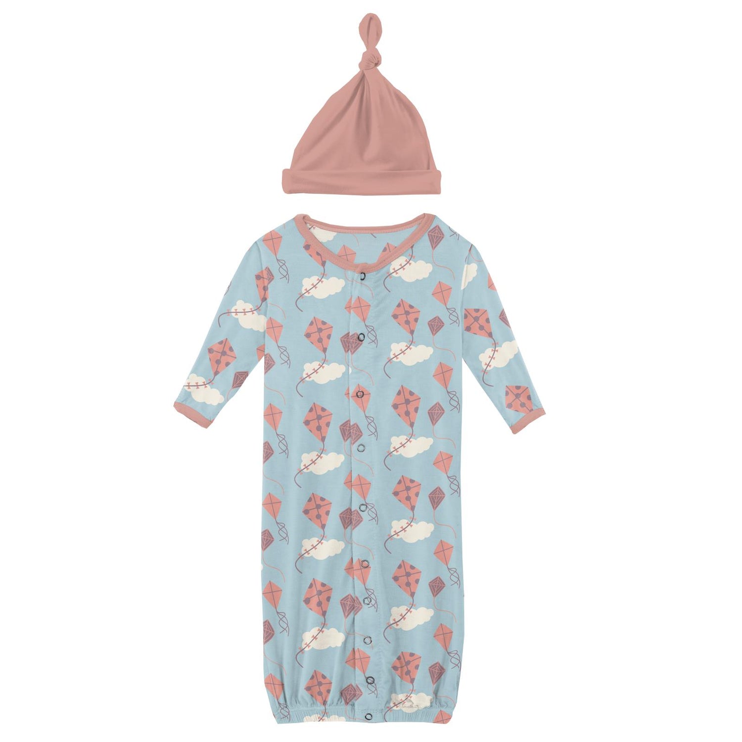 Print Layette Gown Converter & Single Knot Hat Set in Spring Day Kites