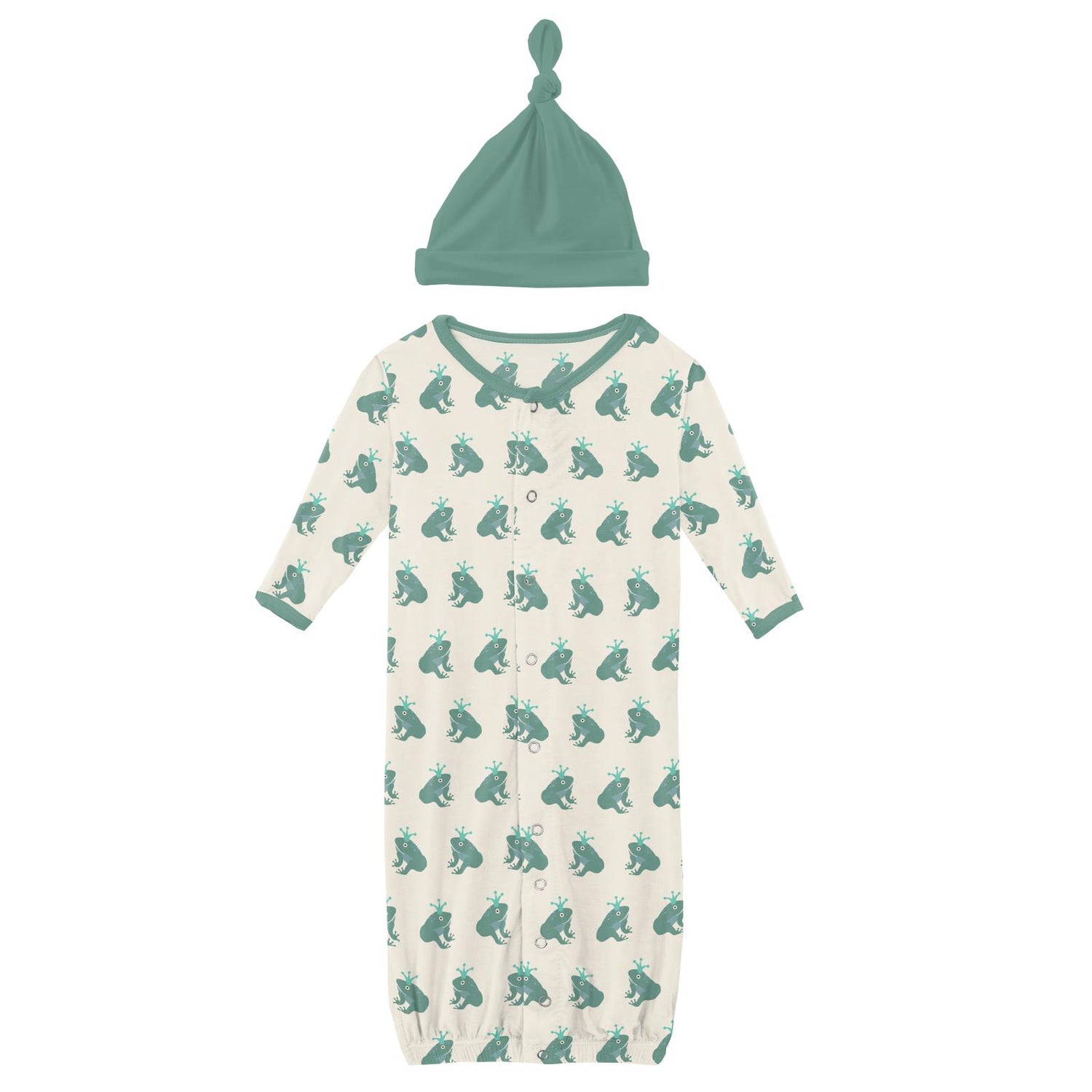 Print Layette Gown Converter & Single Knot Hat Set in Natural Frog Prince
