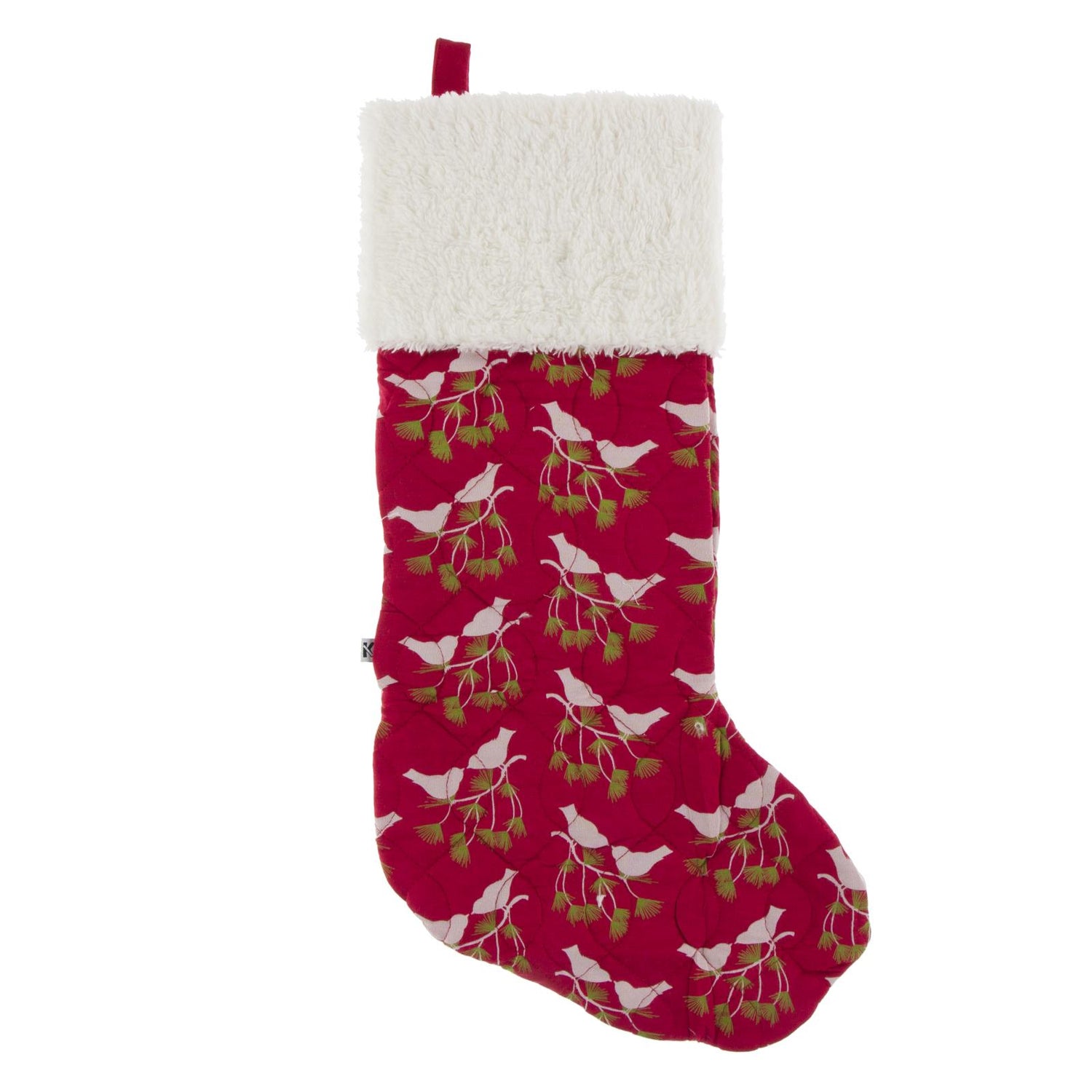 Print Quilted Stocking in Crimson Kissing Birds/2020 Candy Cane Stripe