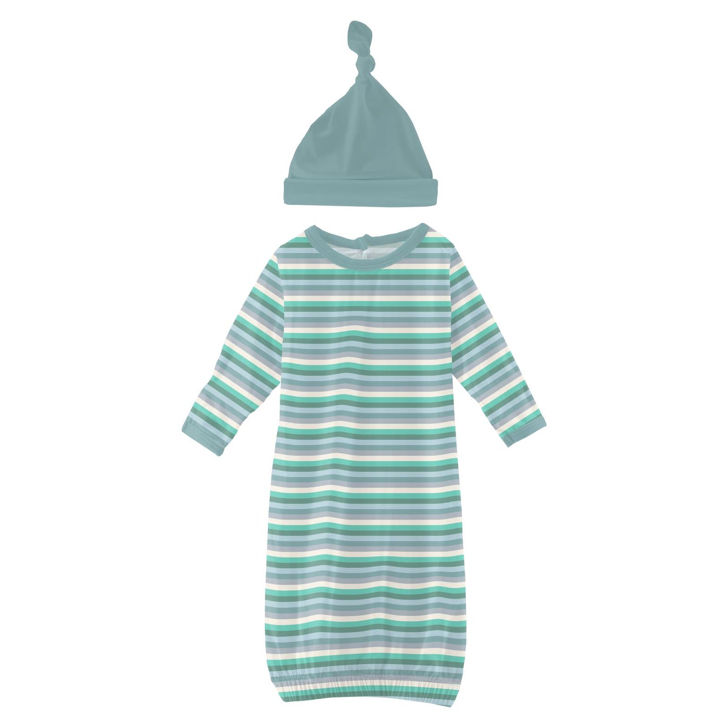 Print Layette Gown & Single Knot Hat Set in April Showers Stripe
