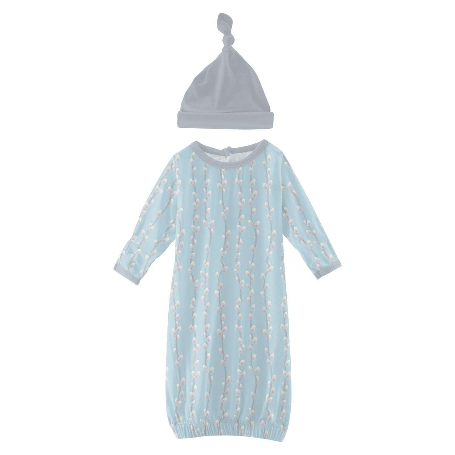 Print Layette Gown & Single Knot Hat Set in Spring Sky Pussy Willows