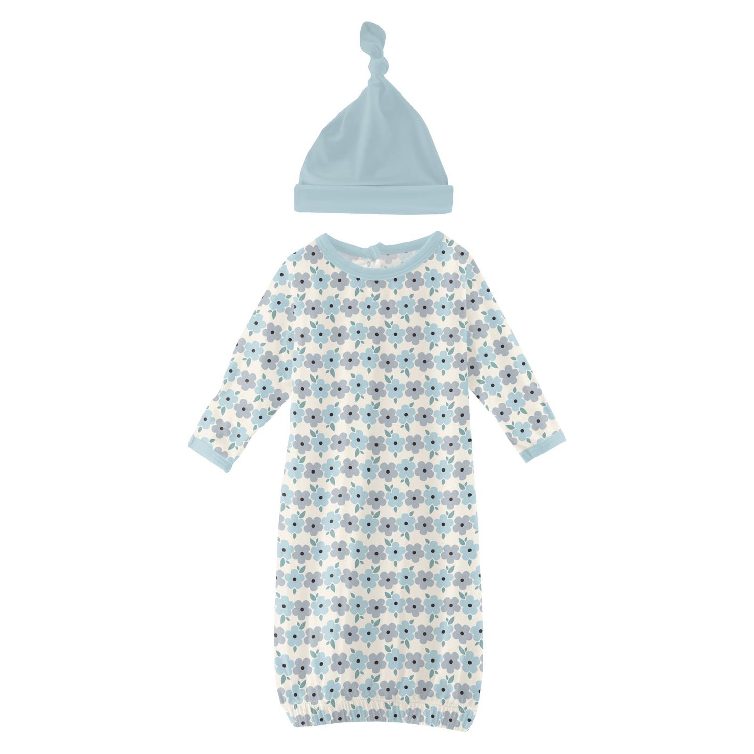 Print Layette Gown & Single Knot Hat Set in Natural Hydrangea