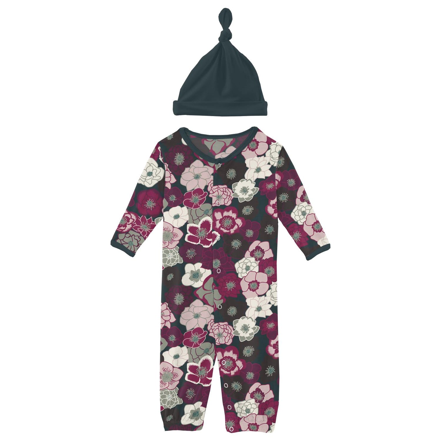 Print Layette Gown Converter & Single Knot Hat Set in Hellebores