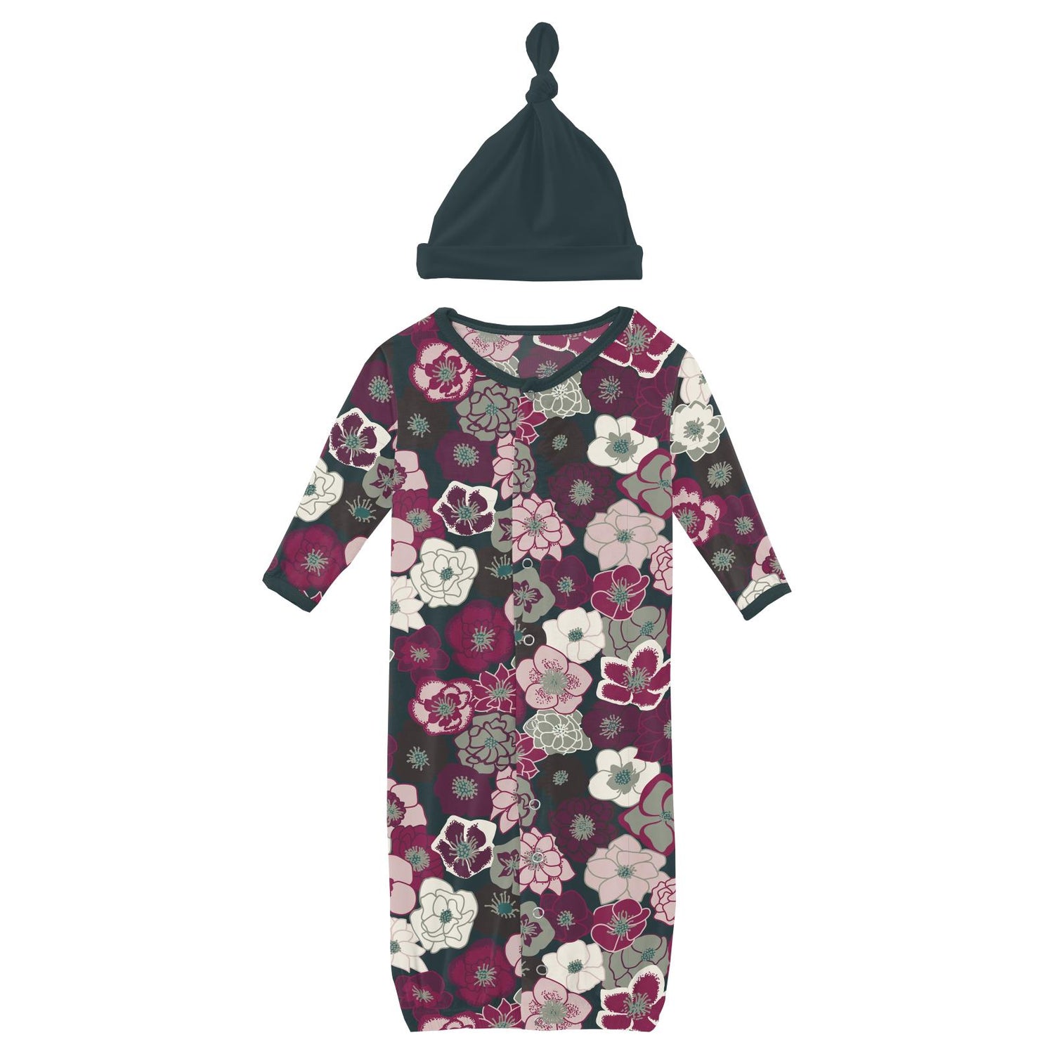 Print Layette Gown Converter & Single Knot Hat Set in Hellebores