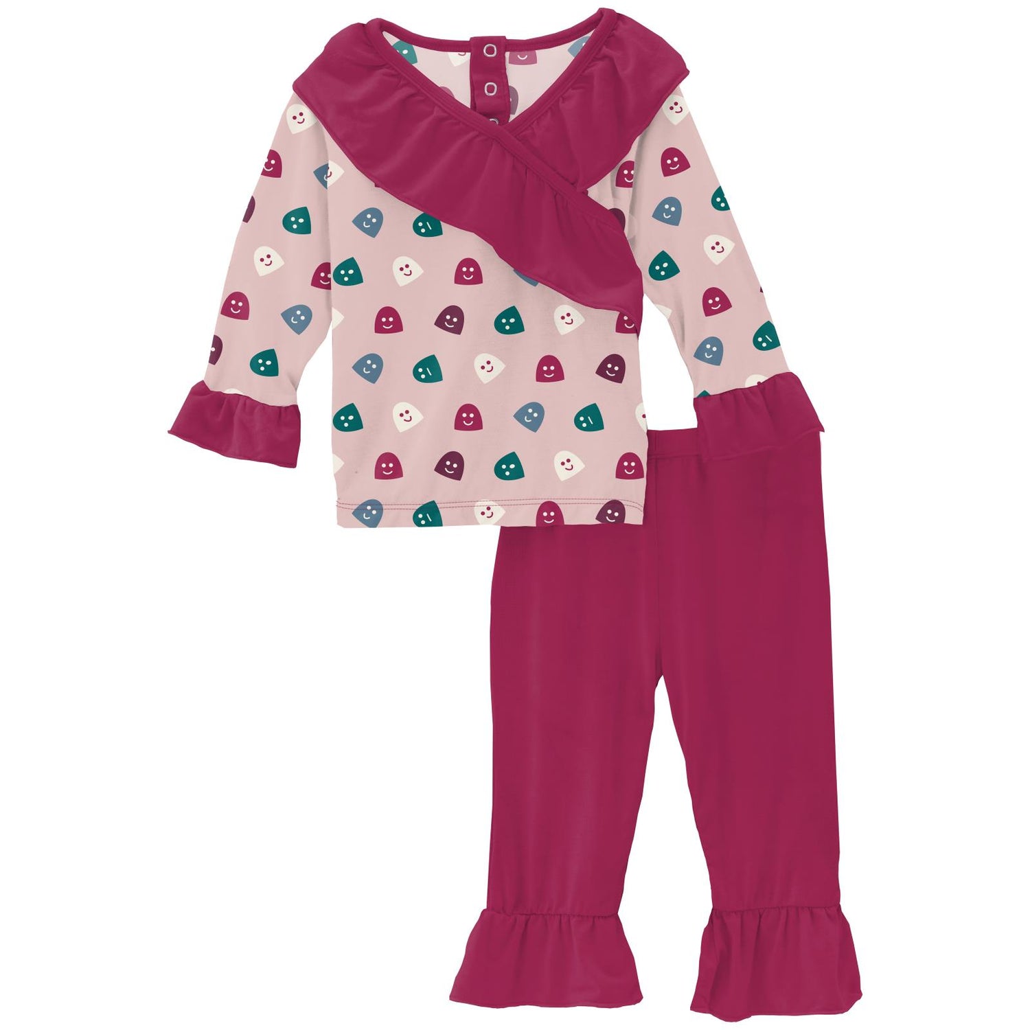 Print Long Sleeve Kimono Ruffle Outfit Set in Baby Rose Happy Gumdrops