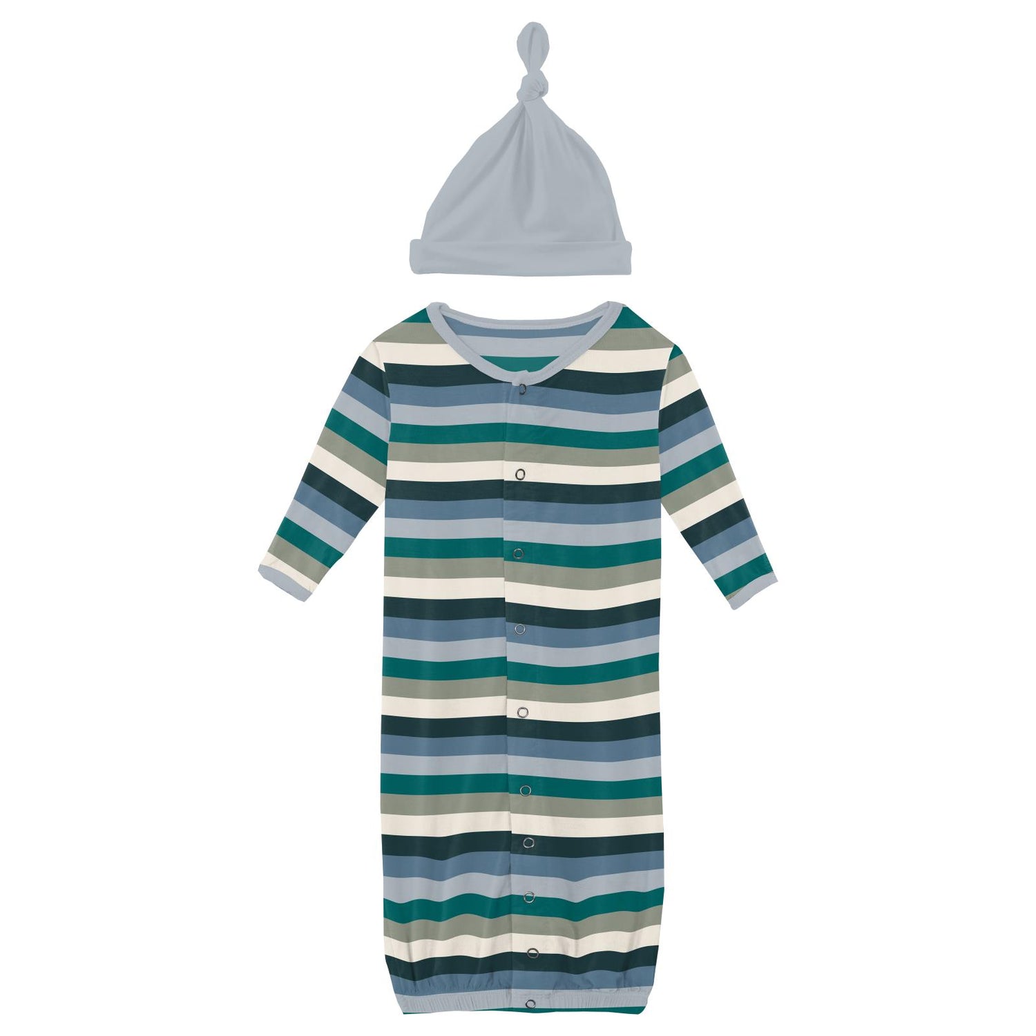 Print Layette Gown Converter & Single Knot Hat Set in Snowy Stripe