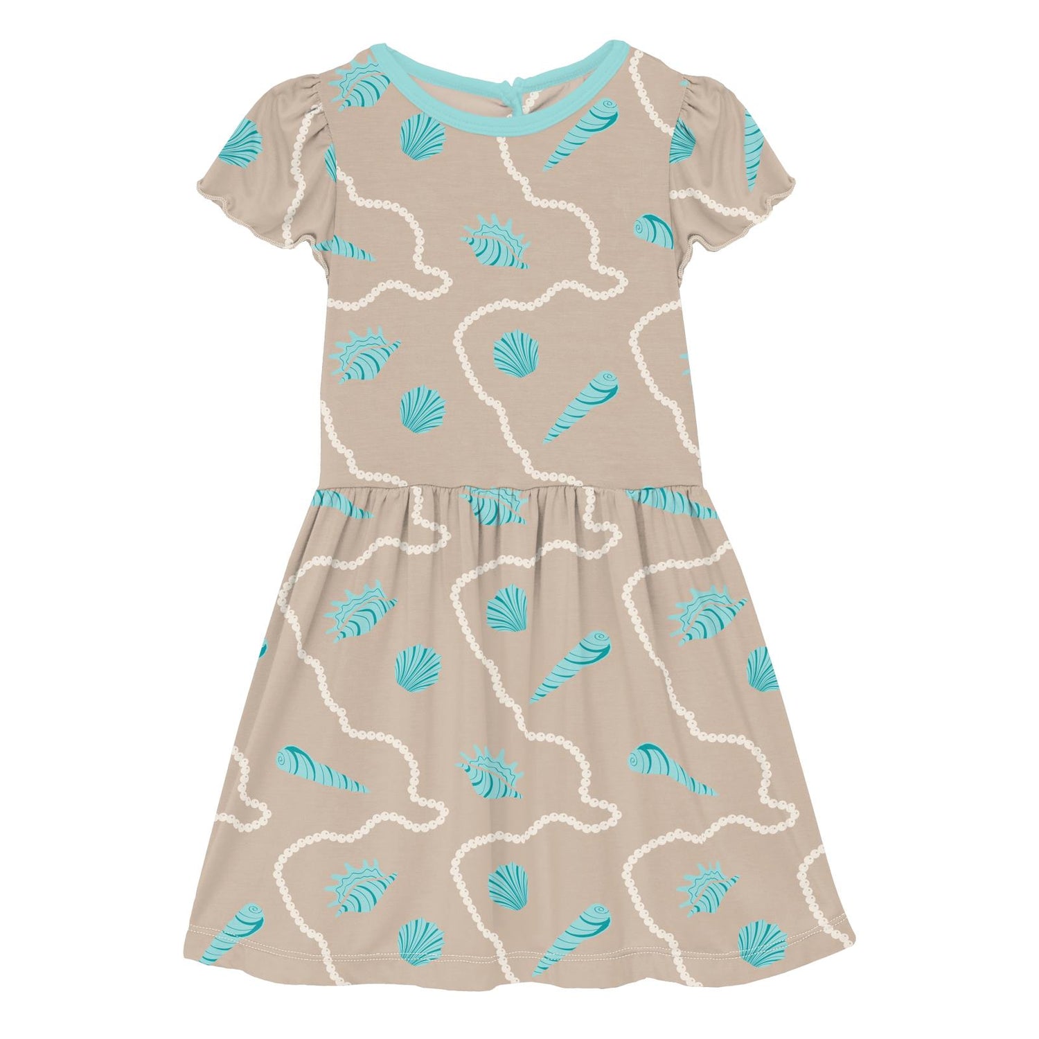 Print Flutter Sleeve Twirl Dress in Burlap Shells with Summer Sky