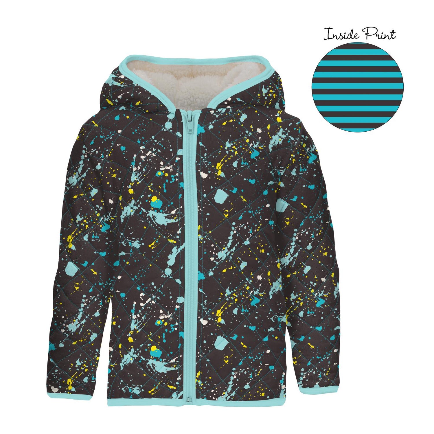 Print Quilted Jacket with Sherpa-Lined Hood in Confetti Splatter Paint/Rad Stripe