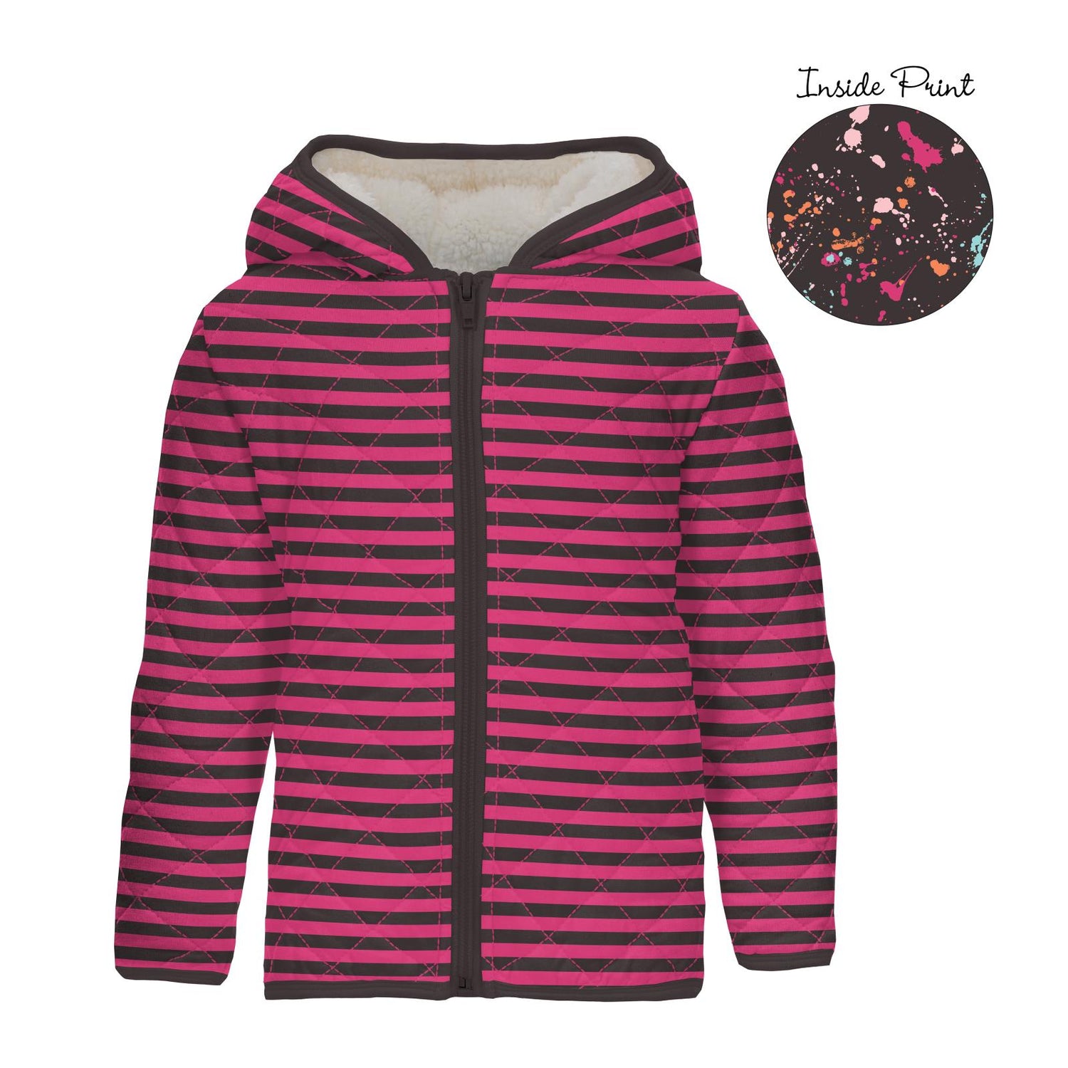 Print Quilted Jacket with Sherpa-Lined Hood in Awesome Stripe/Calypso Splatter Paint