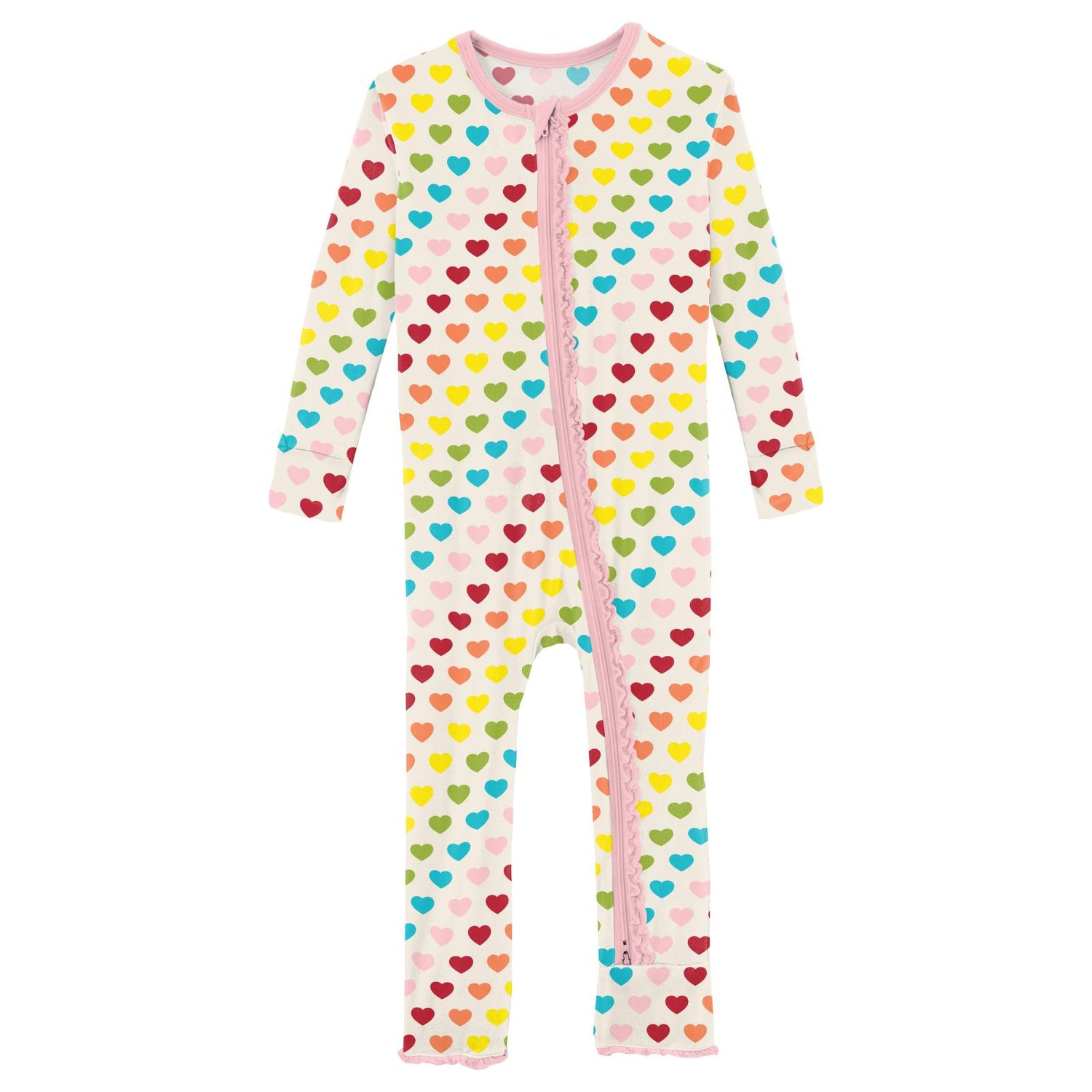 Print Muffin Ruffle Coverall with 2 Way Zipper in Rainbow Hearts