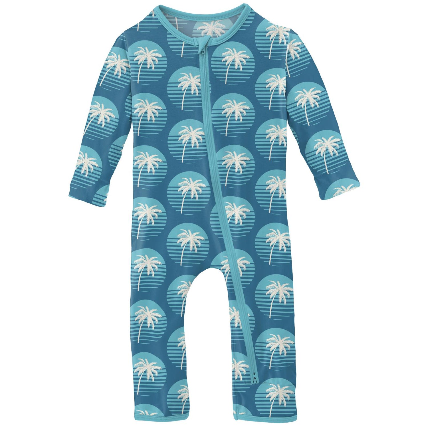 Print Coverall with 2 Way Zipper in Cerulean Blue Palm Tree Sun