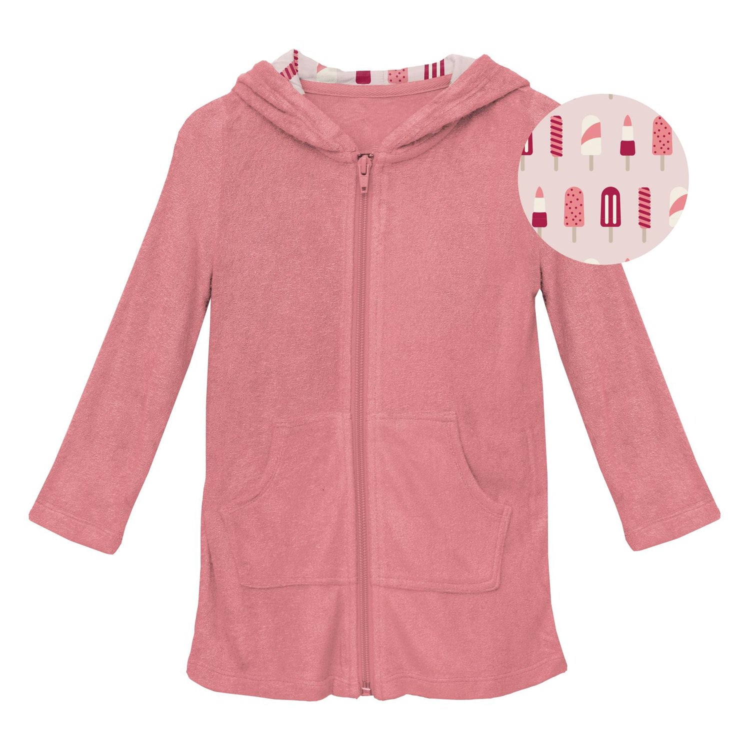 Terry Zip-Front After Swim Robe in Strawberry with Macaroon Popsicles