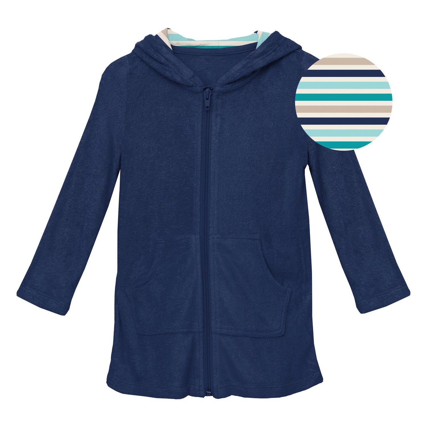 Terry Zip-Front After Swim Robe in Flag Blue with Sand and Sea Stripe