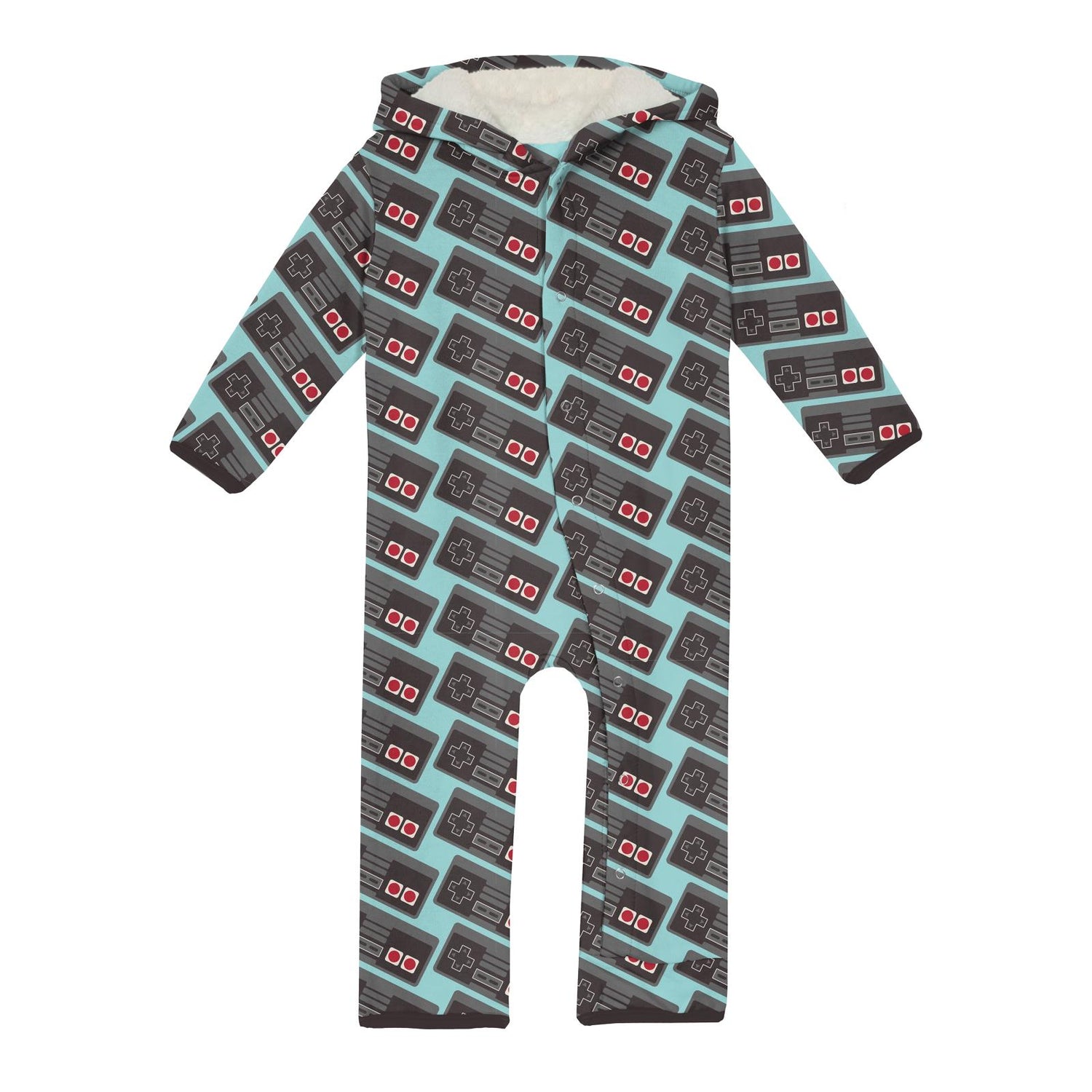 Print Fleece Coverall with Sherpa-Lined Hood and Ears in Summer Sky Retro Game Controller