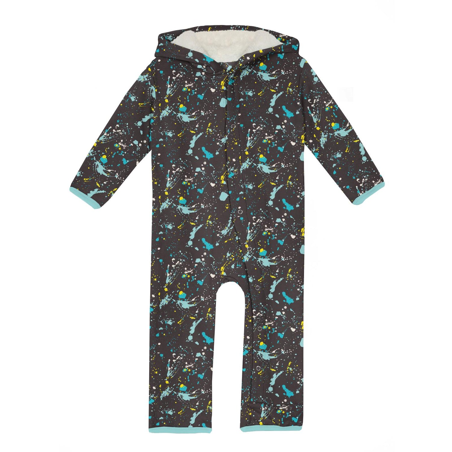 Print Fleece Coverall with Sherpa-Lined Hood and Ears in Confetti Splatter Paint