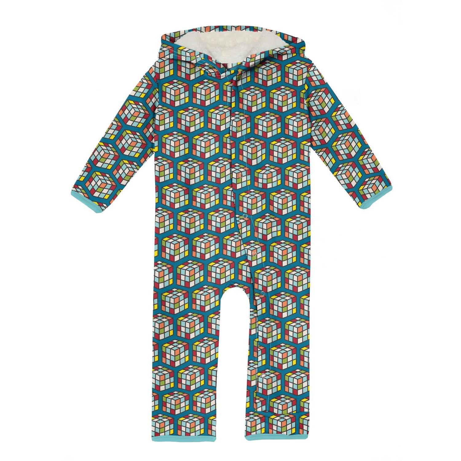 Print Fleece Coverall with Sherpa-Lined Hood and Ears in Cerulean Blue Puzzle Cube