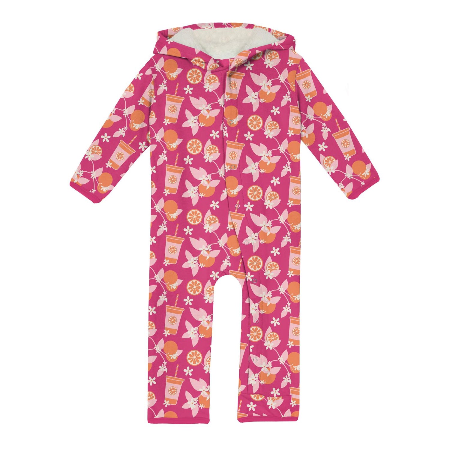 Print Fleece Coverall with Sherpa-Lined Hood and Ears in Calypso Orange Cream