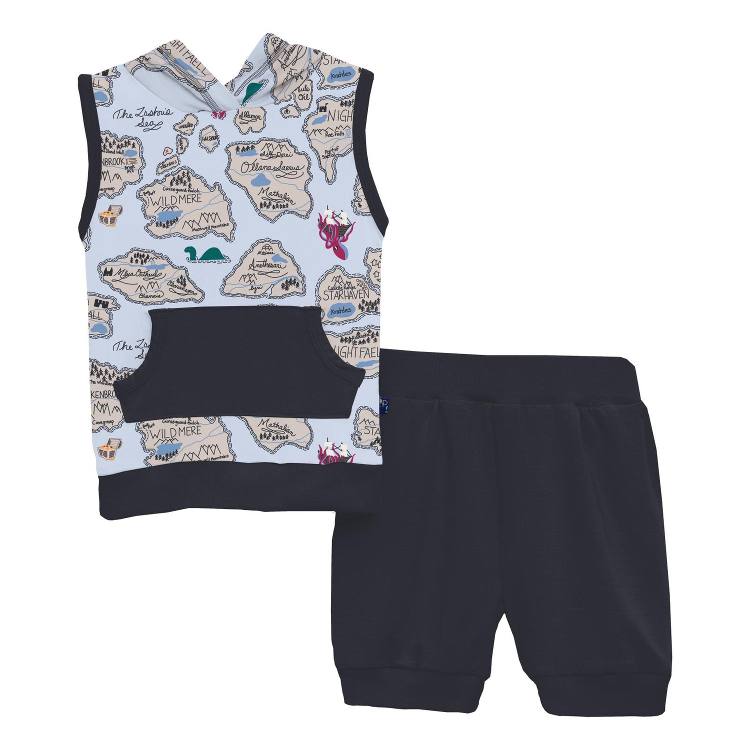 Print Short Sleeve Hoodie Tank Outfit Set in Dew Pirate Map