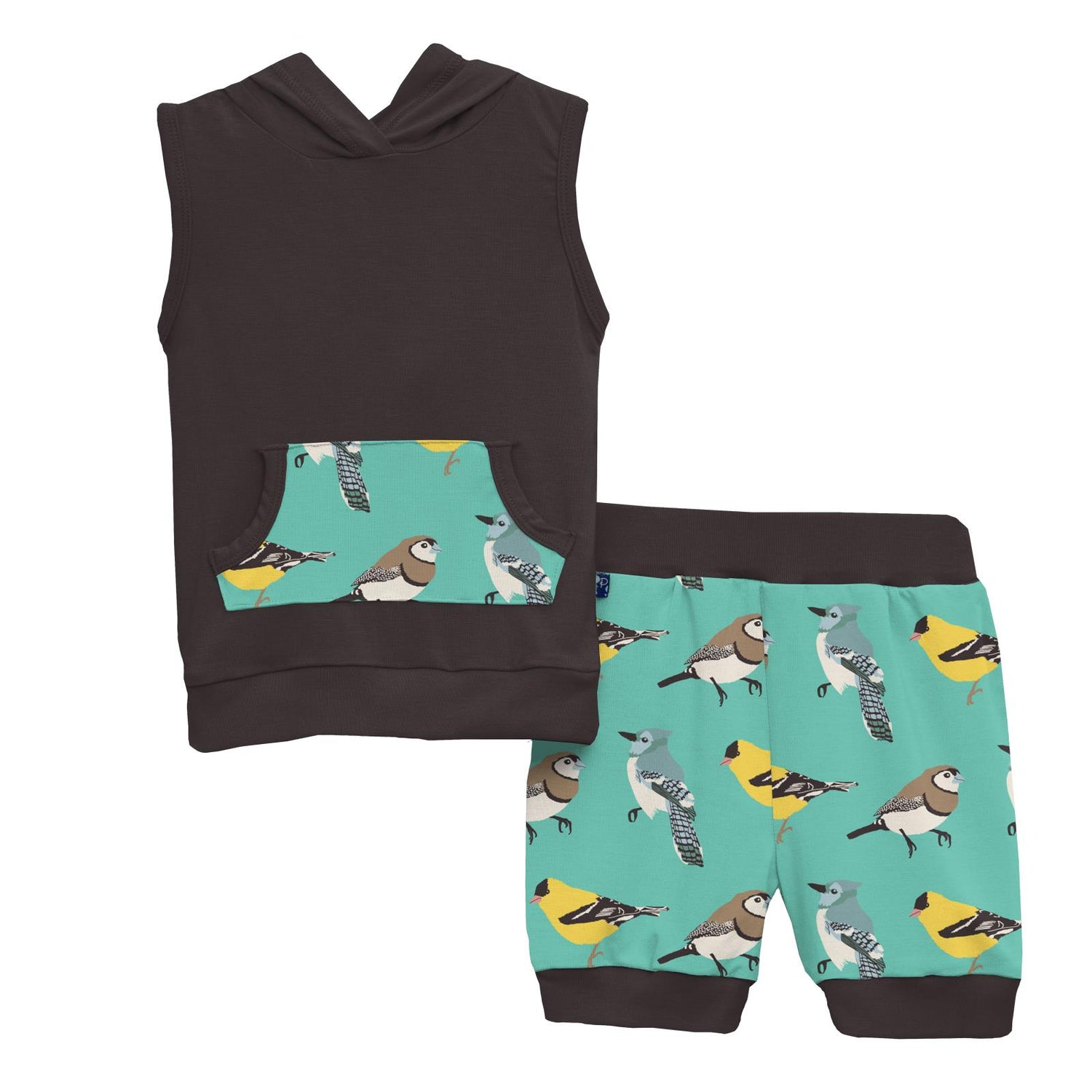 Print Short Sleeve Hoodie Tank Outfit Set in Glass Spring Birds