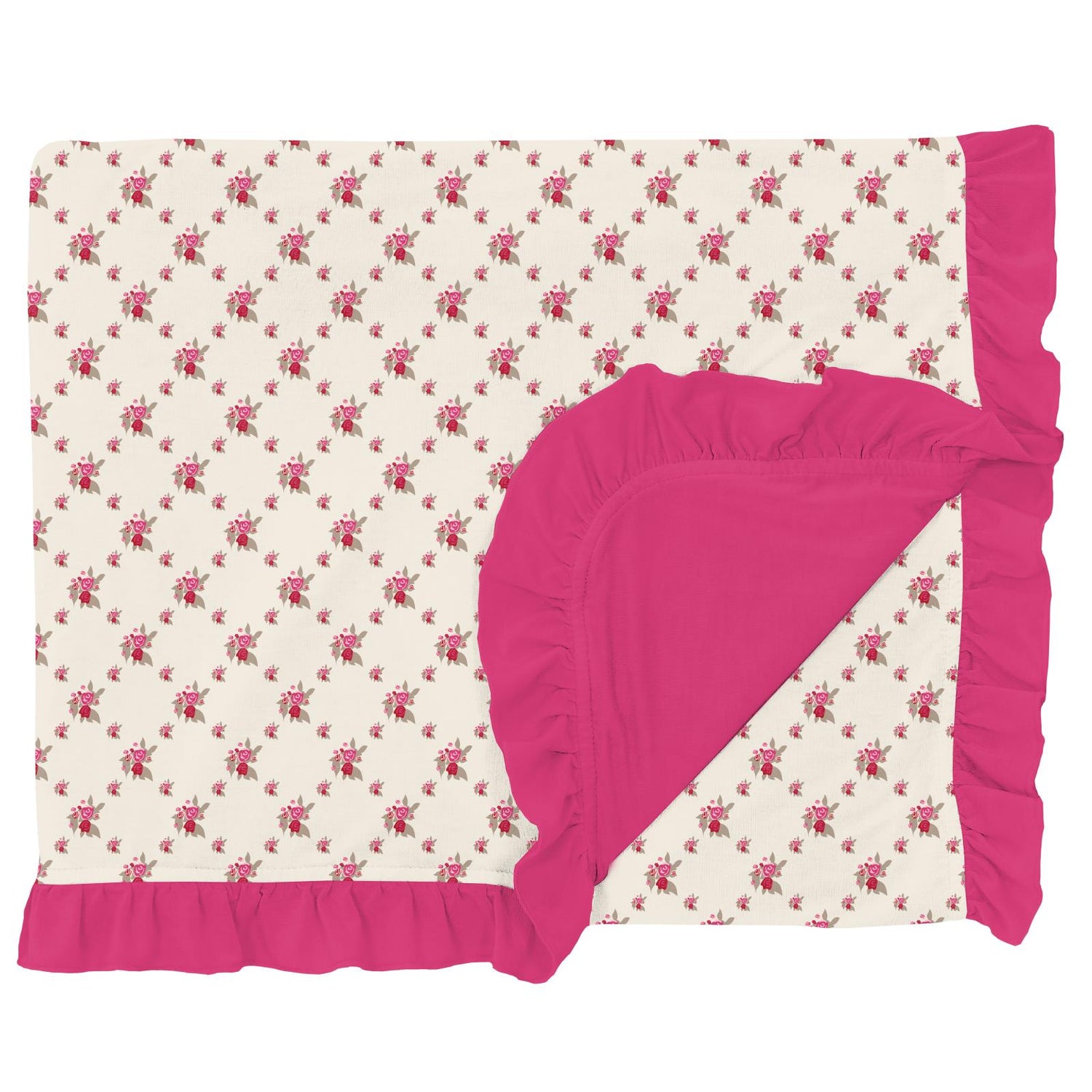 Print Ruffle Double Layer Throw Blanket in Natural Rose Trellis