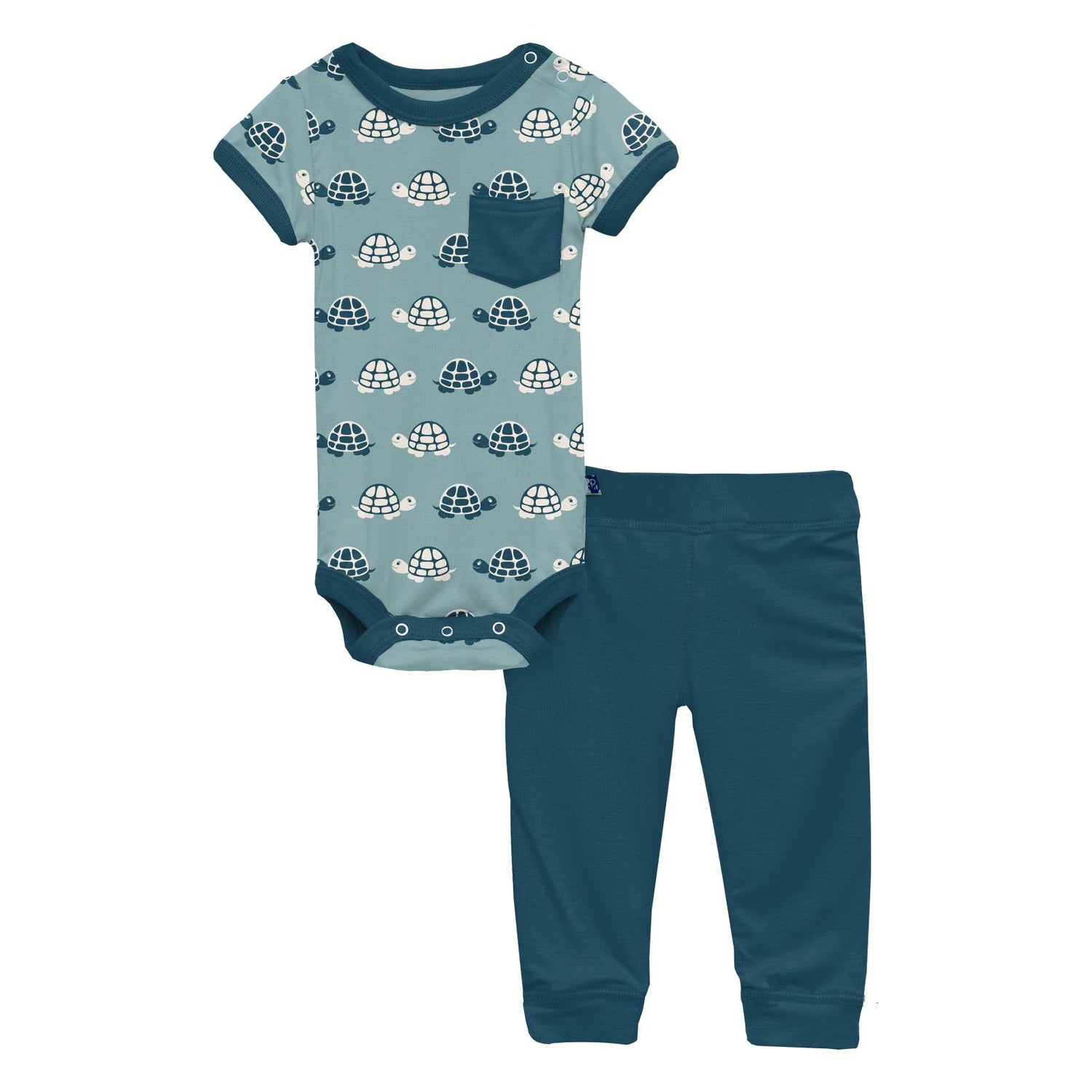 Print Short Sleeve Pocket One Piece and Pant Outfit Set in Jade Turtle