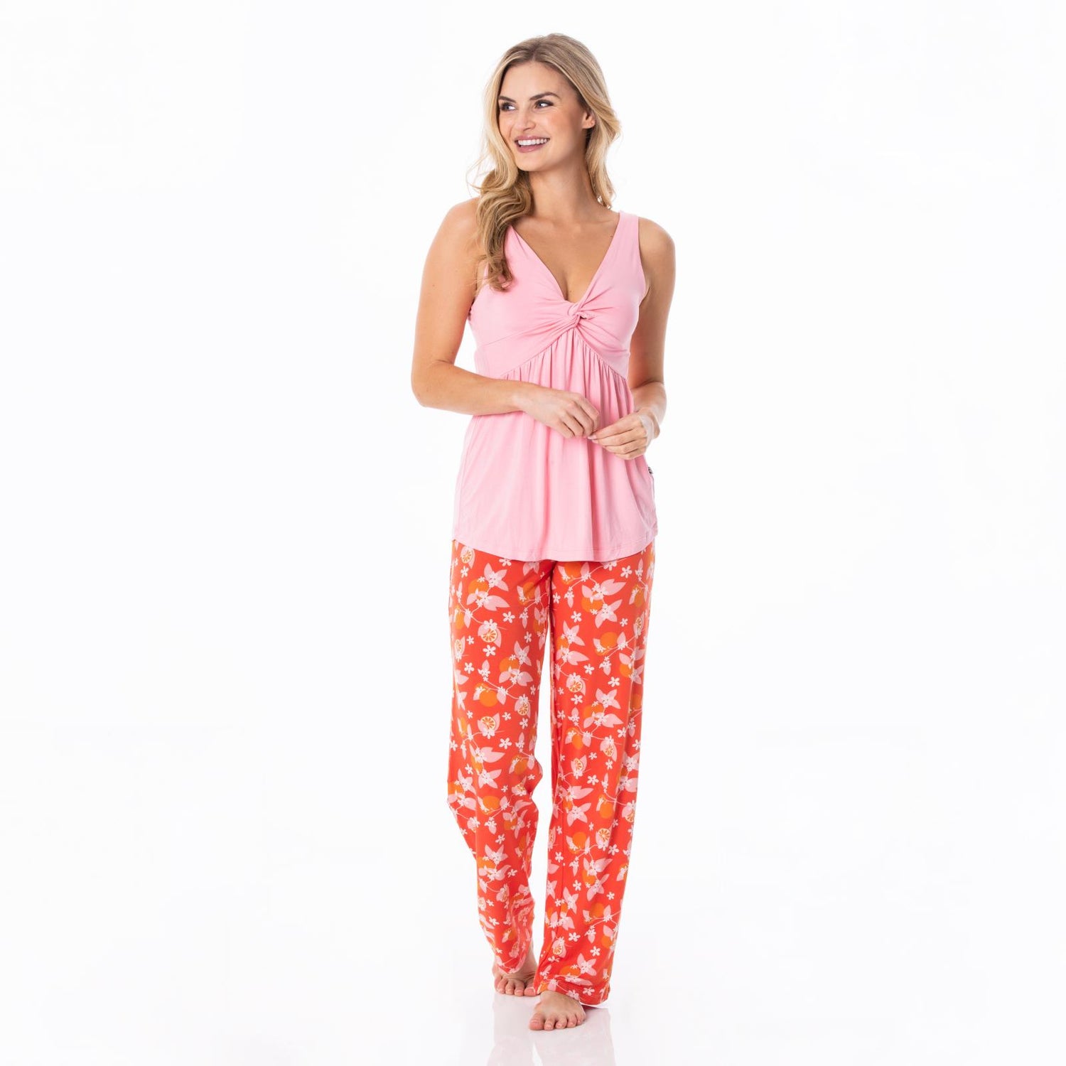 Women's Print Twist Tank and Pajama Pants Set in Poppy Orange Blossom
