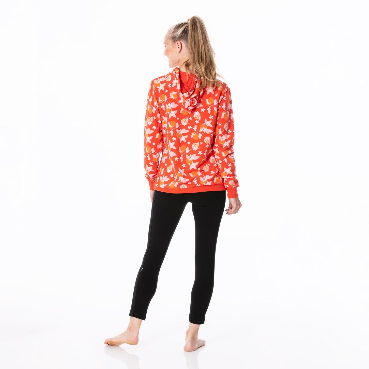 Women's Print Fleece Kangaroo Pocket Pullover in Poppy Orange Blossom