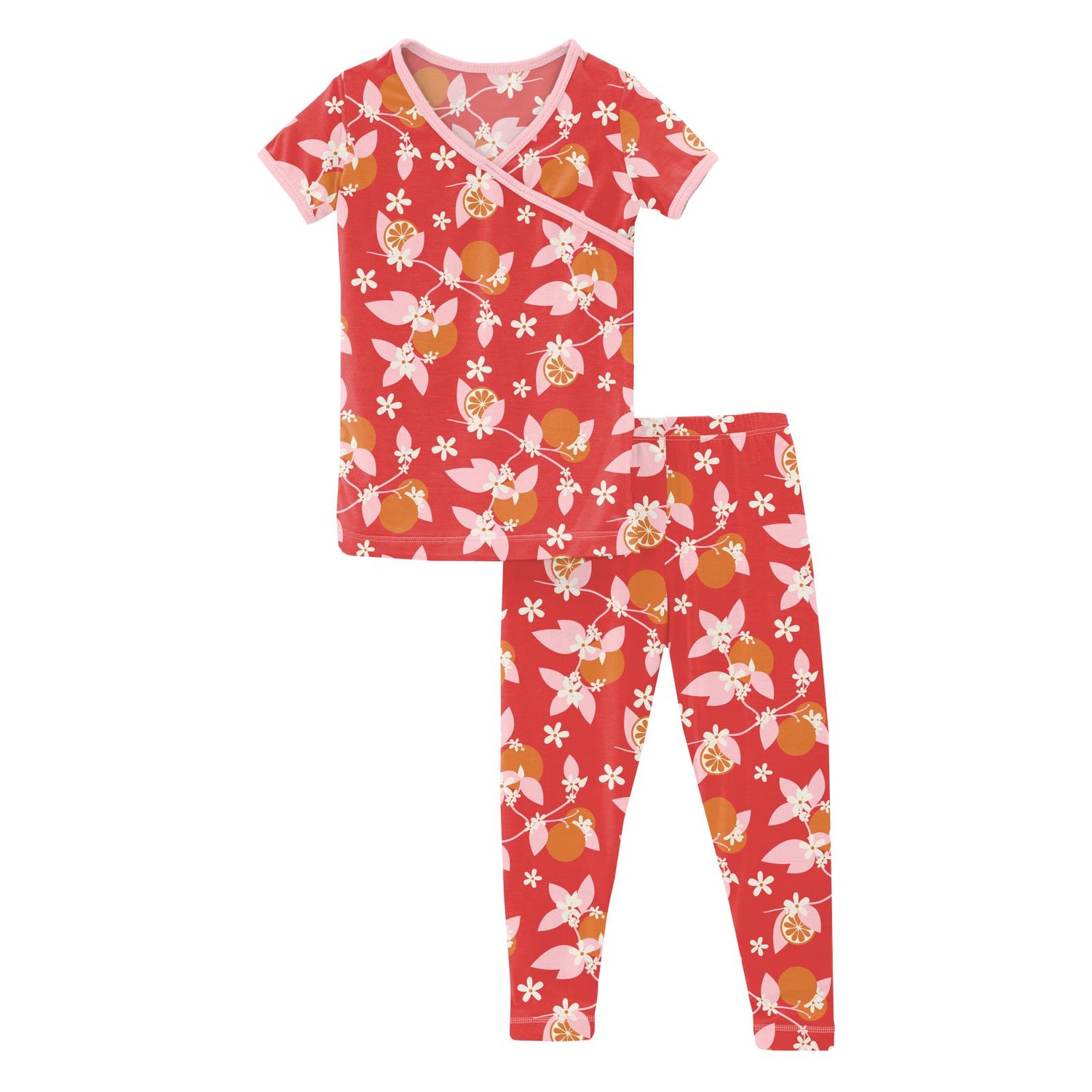 Print Short Sleeve Kimono Pajama Set in Poppy Orange Blossom