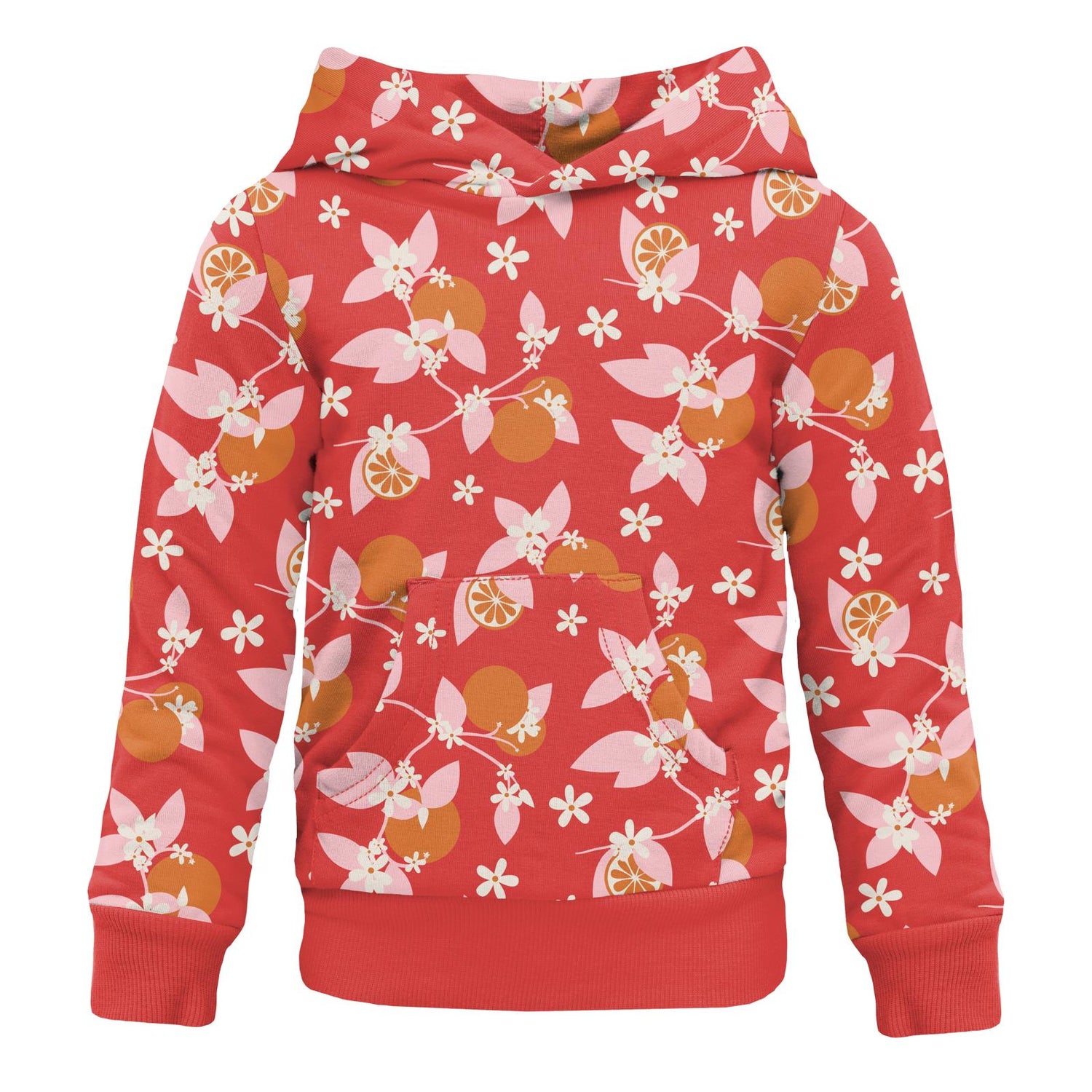 Print Fleece Kangaroo Pocket Pullover in Poppy Orange Blossom