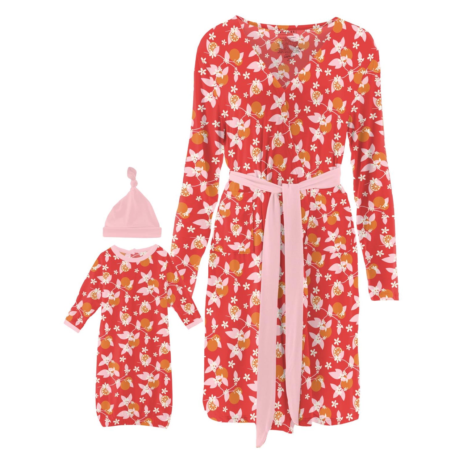 Women's Print Mid Length Lounge Robe & Layette Gown Set in Poppy Orange Blossom
