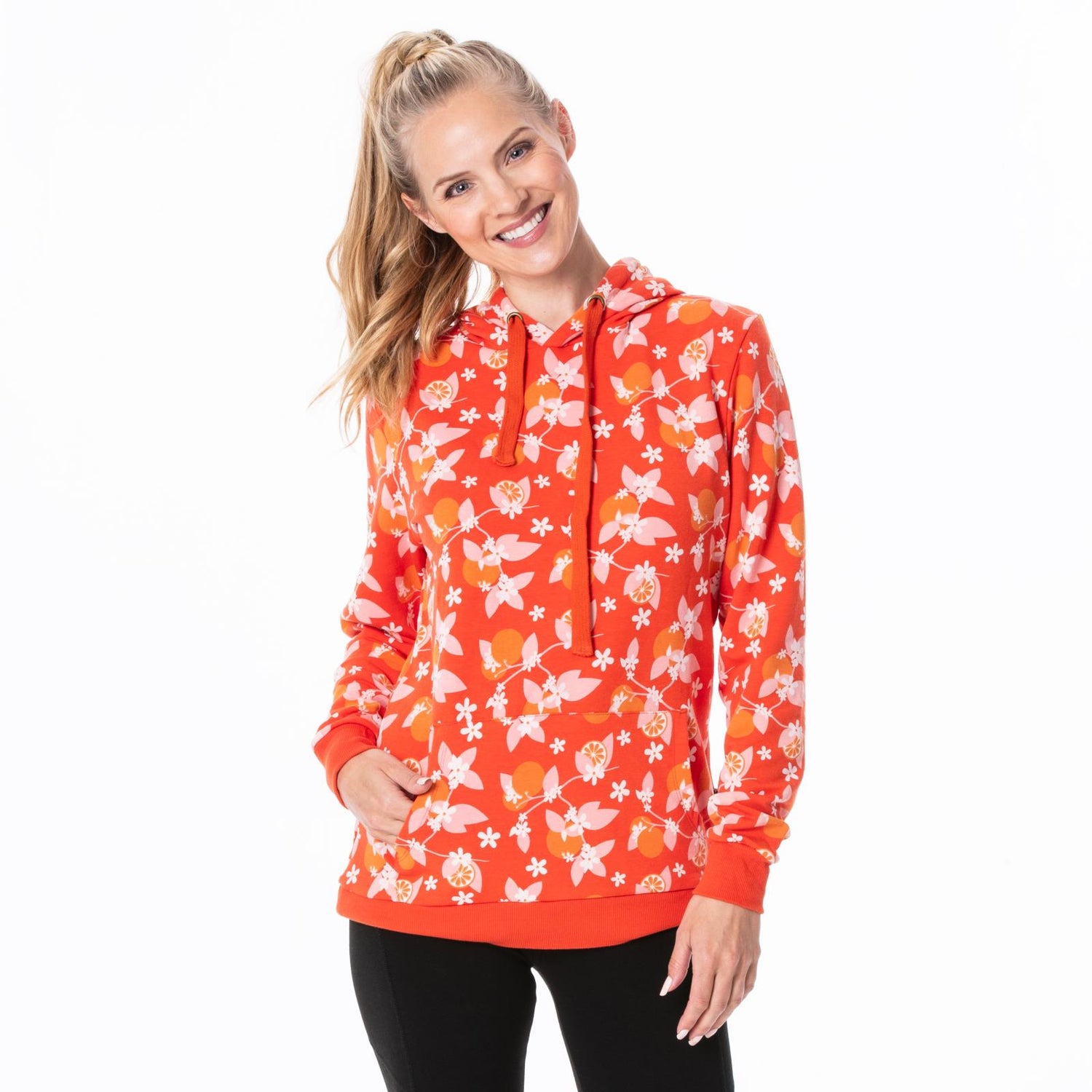 Women's Print Fleece Kangaroo Pocket Pullover in Poppy Orange Blossom