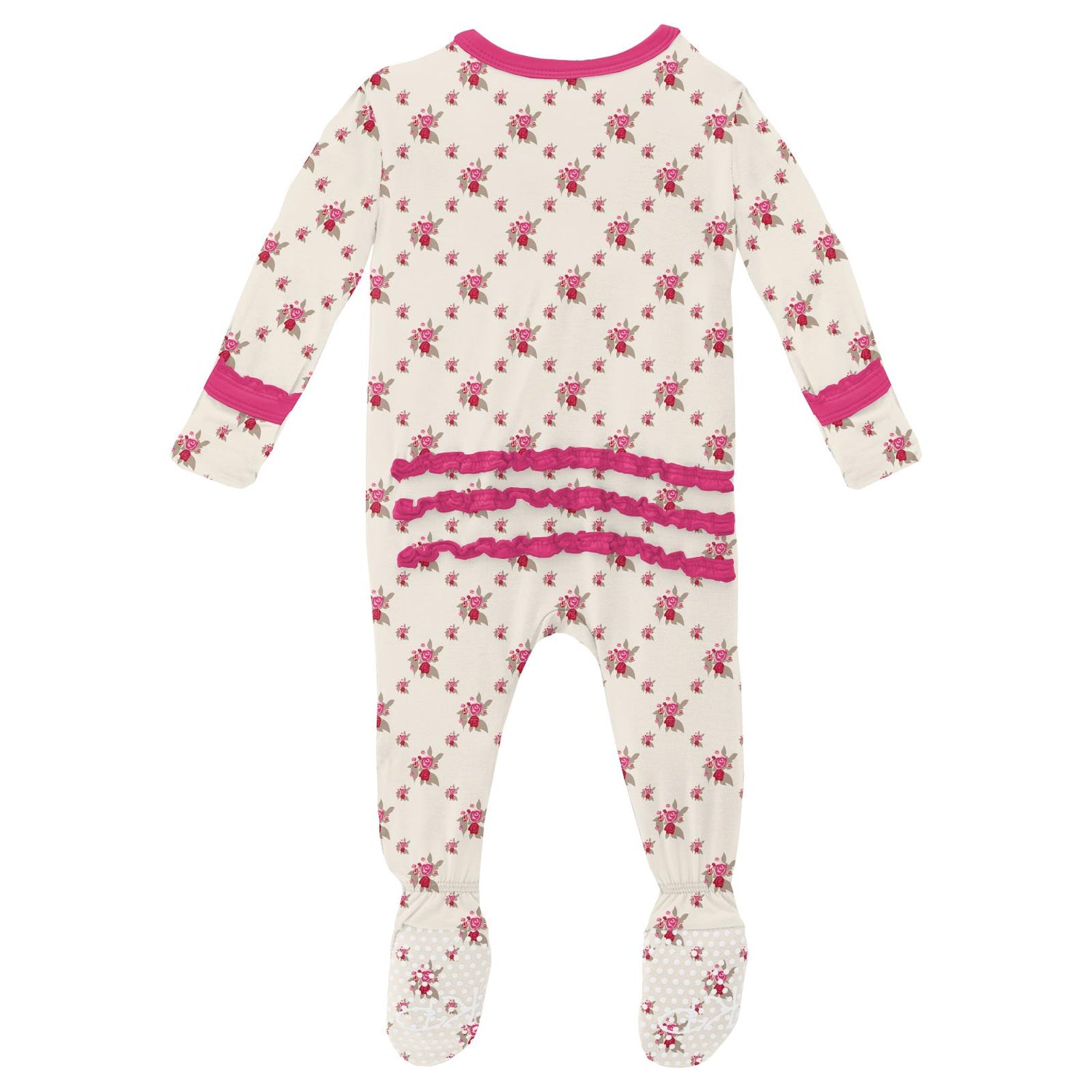 Print Muffin Ruffle Footie with Snaps in Natural Rose Trellis