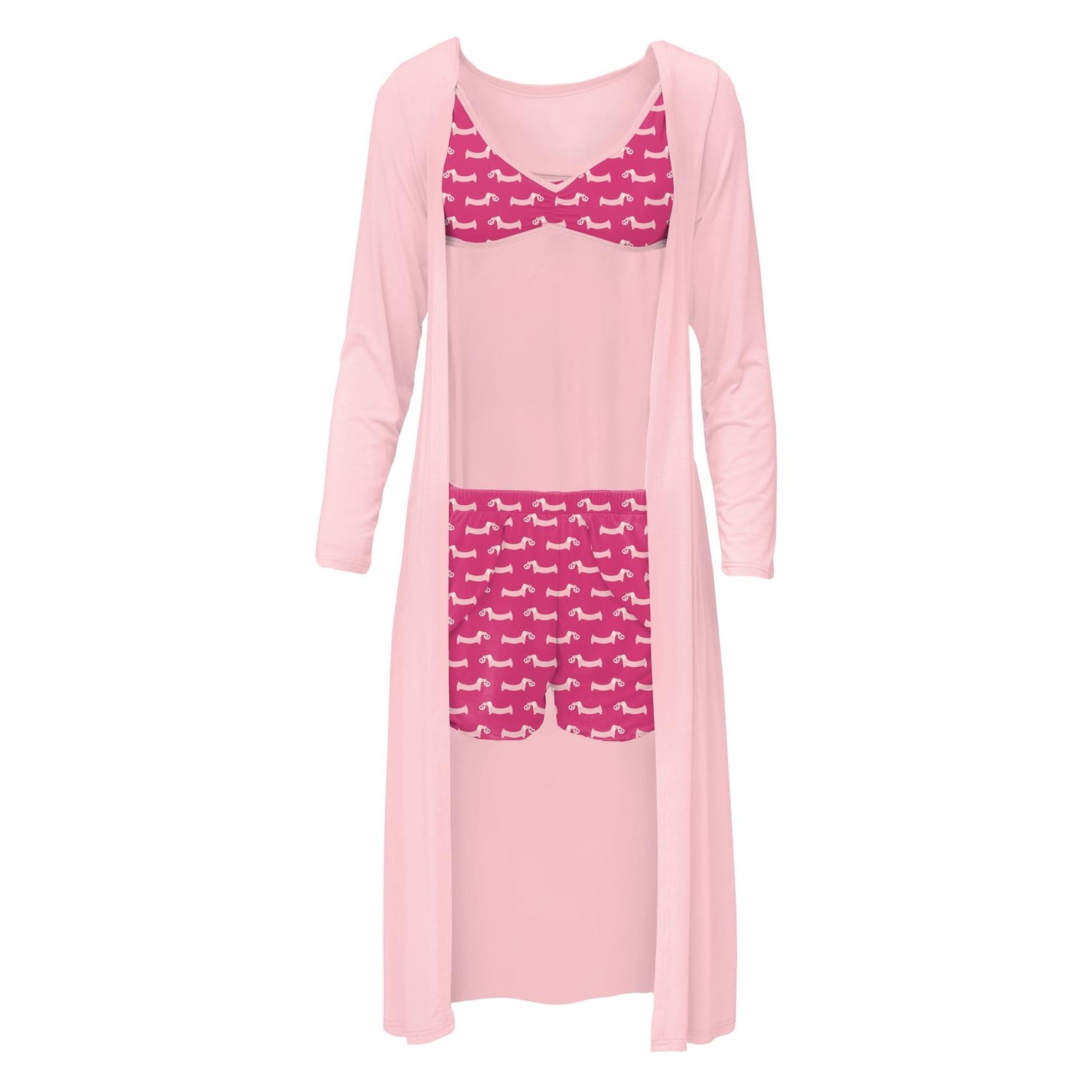 Women's Print Sleeping Bra, Tulip Shorts and Duster Robe Set in Calypso Pretzel Pup