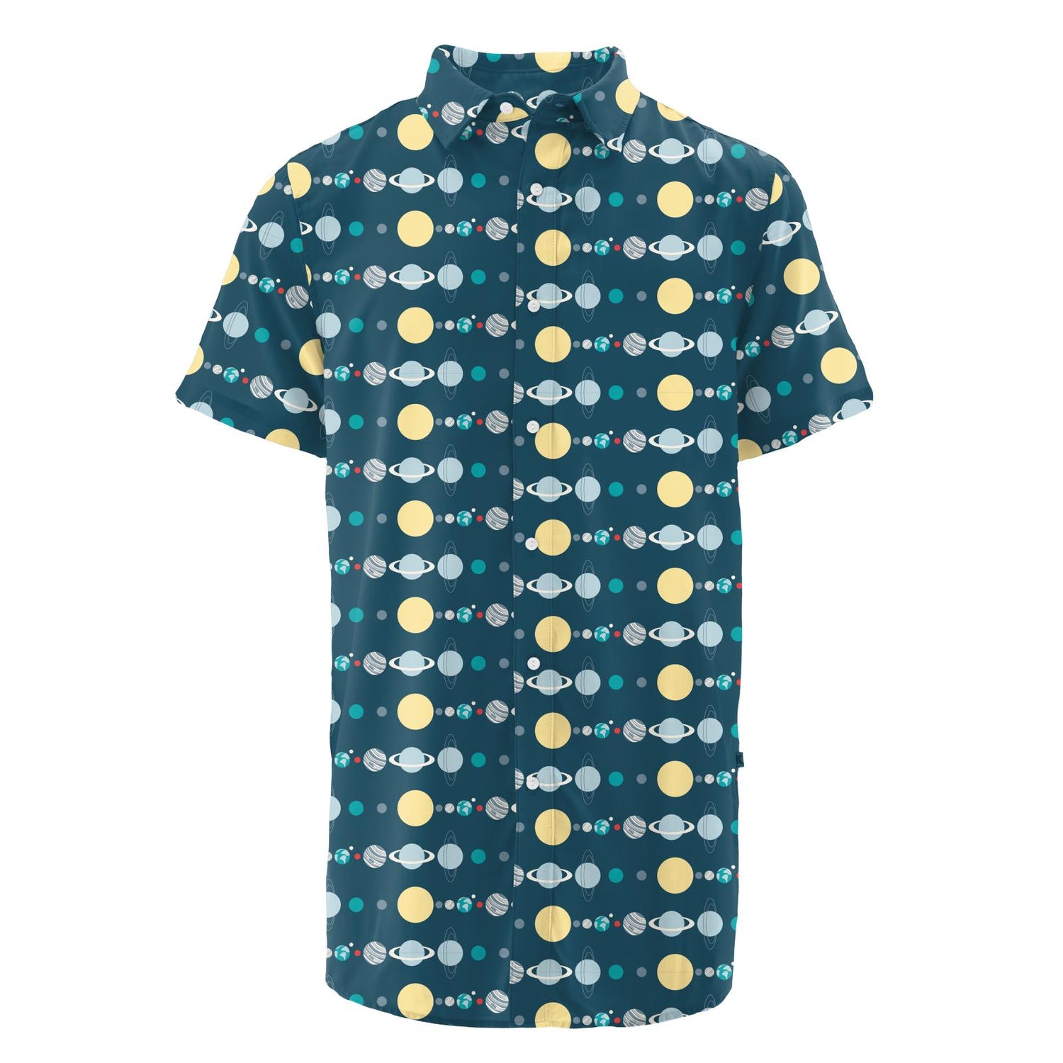Men's Print Short Sleeve Woven Button Down Shirt in Peacock Planets