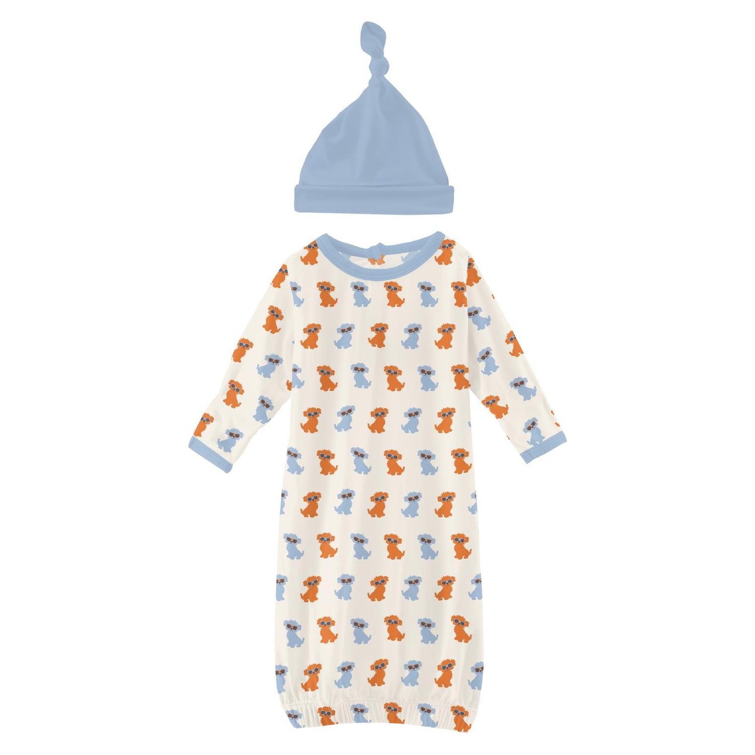 Print Layette Gown & Single Knot Hat Set in Natural Beach Pup
