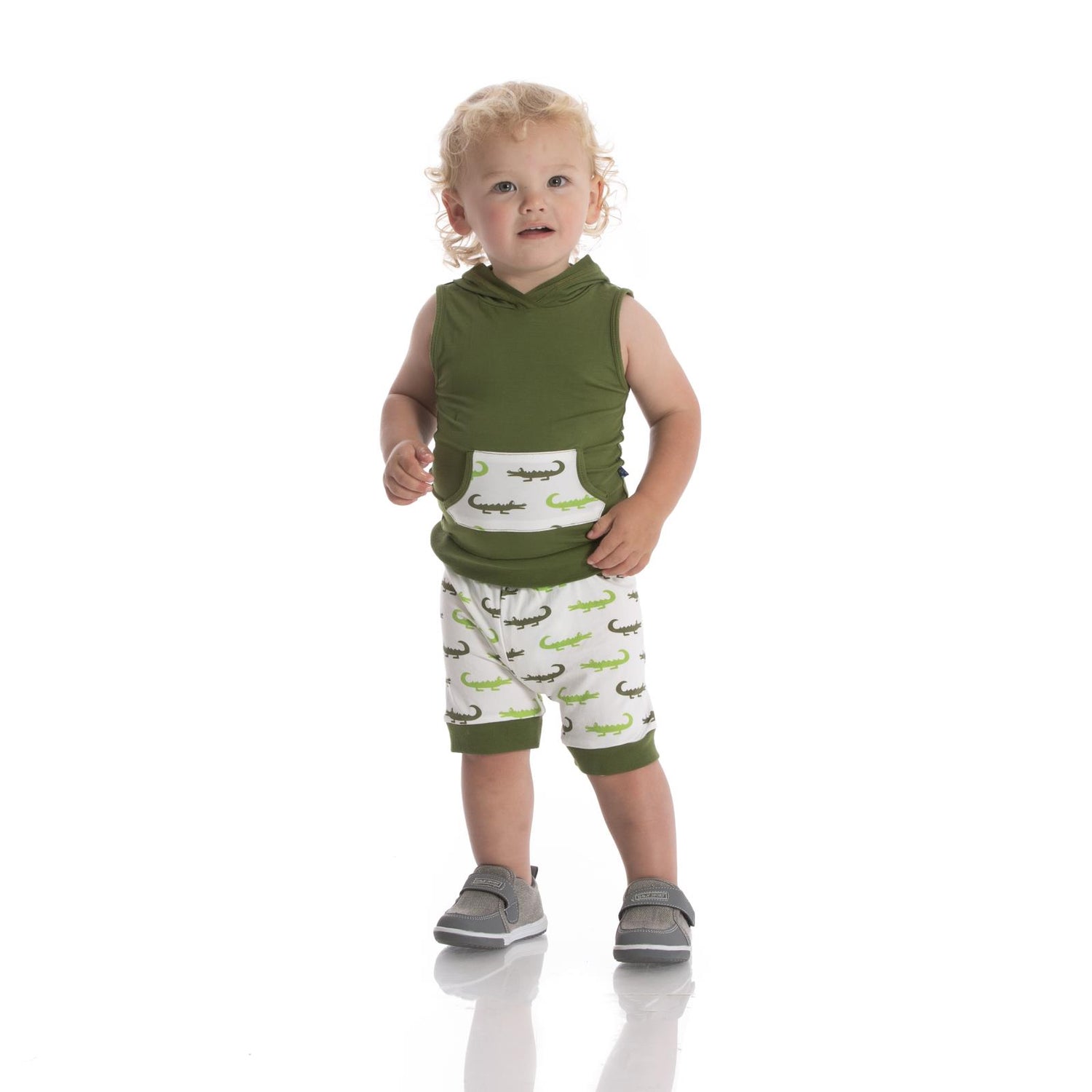 Print Short Sleeve Hoodie Tank Outfit Set in Natural Crocodile