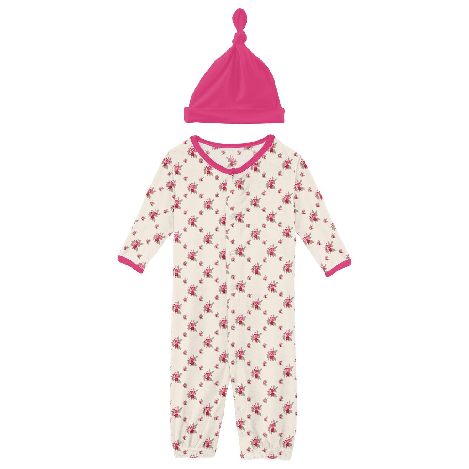 Print Layette Gown Converter & Single Knot Hat Set in Natural Rose Trellis