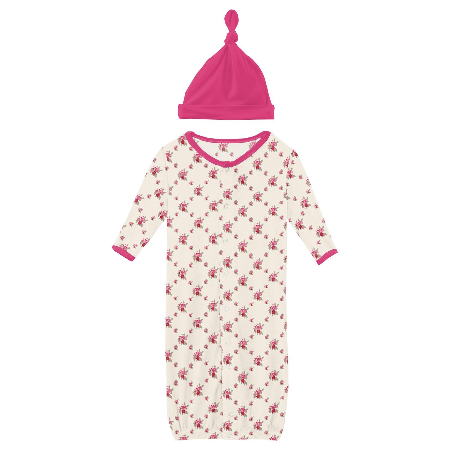Print Layette Gown Converter & Single Knot Hat Set in Natural Rose Trellis