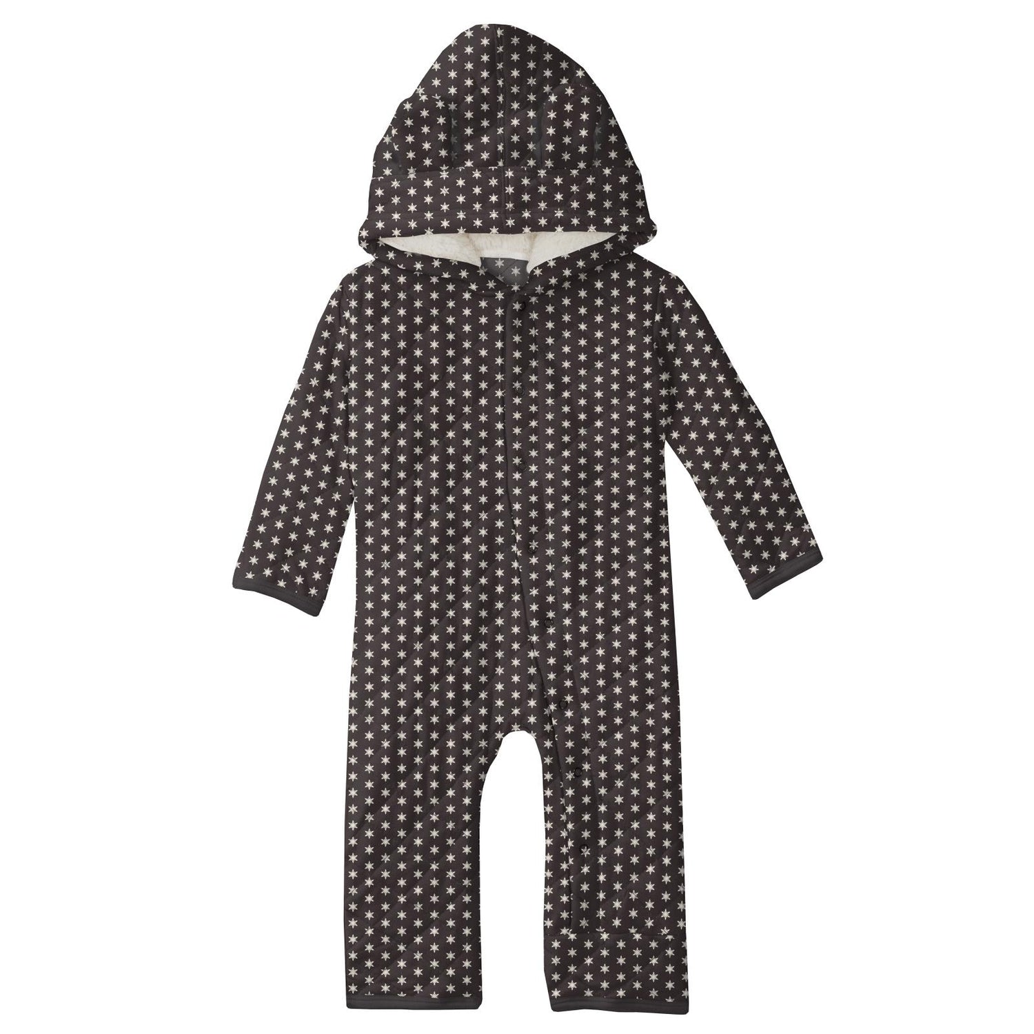 Print Quilted Hoodie Coverall with Sherpa-Lined Hood in Midnight Tiny Snowflakes/Twilight Skis
