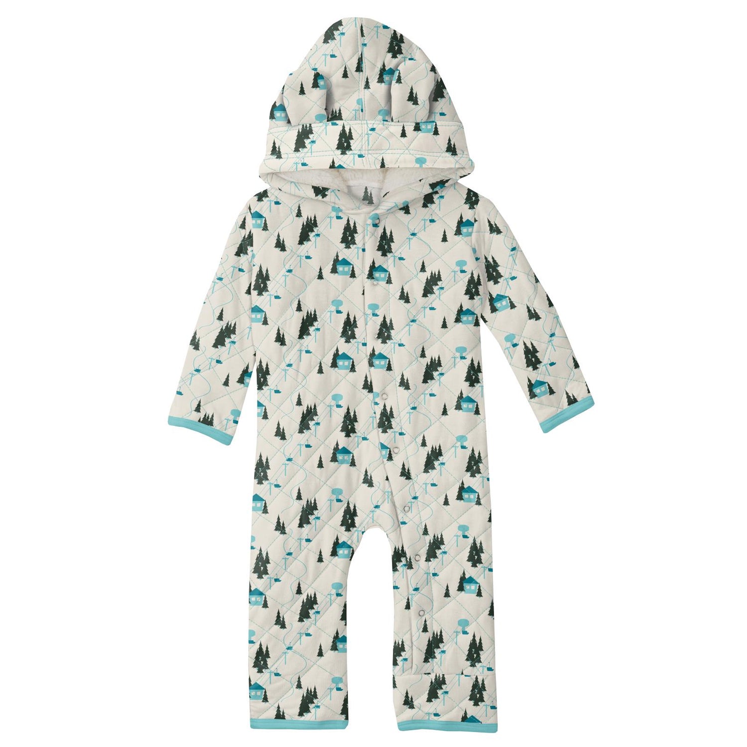 Print Quilted Hoodie Coverall with Sherpa-Lined Hood in Natural Chairlift/Iceberg Icicles
