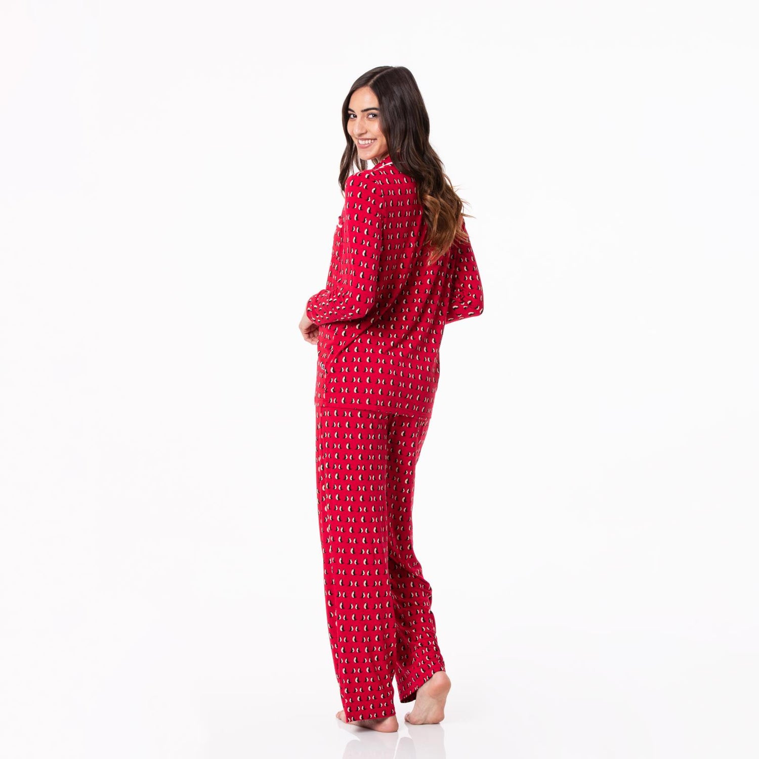 Women's Print Woven Long Sleeve Collared Pajama Set in Crimson Penguins